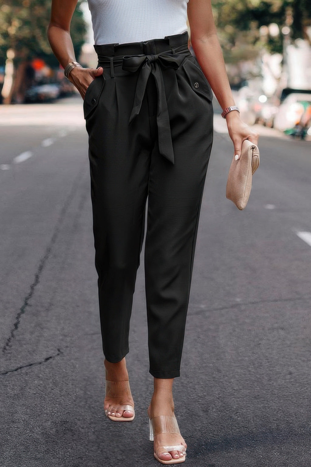 Ruffle Belt Pocket Solid Skinny Pants - Pikemla
