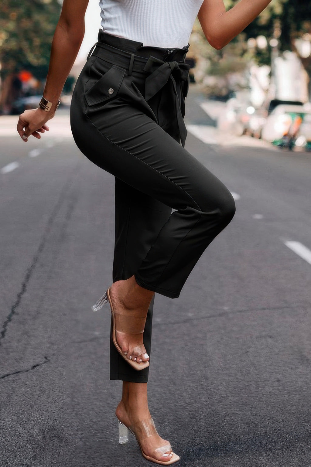 Ruffle Belt Pocket Solid Skinny Pants - Pikemla