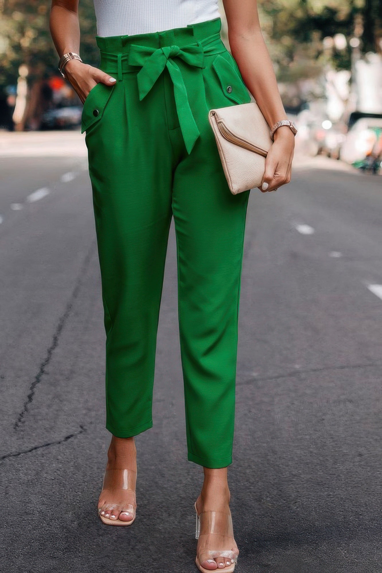 Ruffle Belt Pocket Solid Skinny Pants - Pikemla