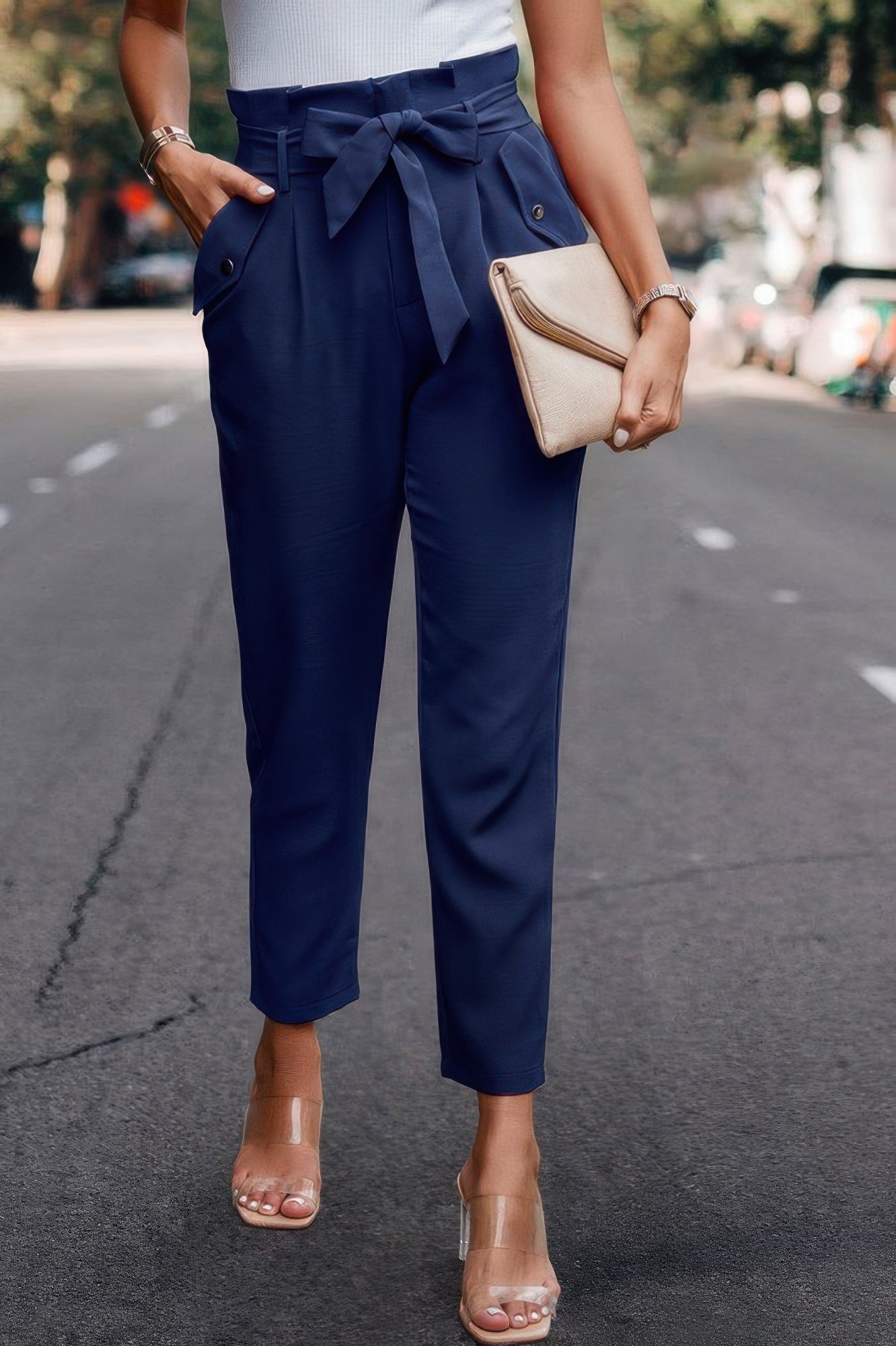 Ruffle Belt Pocket Solid Skinny Pants - Pikemla