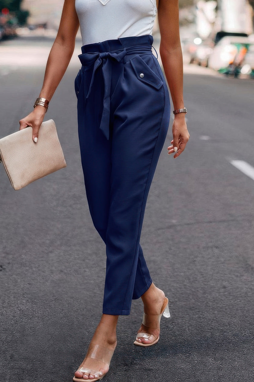 Ruffle Belt Pocket Solid Skinny Pants - Pikemla