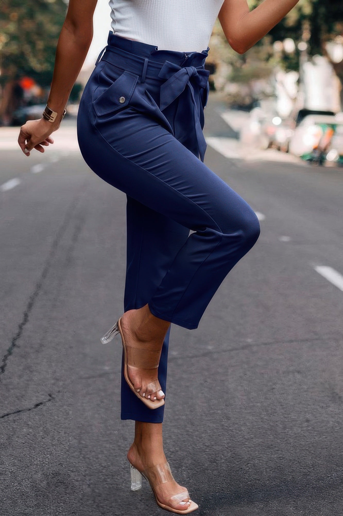 Ruffle Belt Pocket Solid Skinny Pants - Pikemla