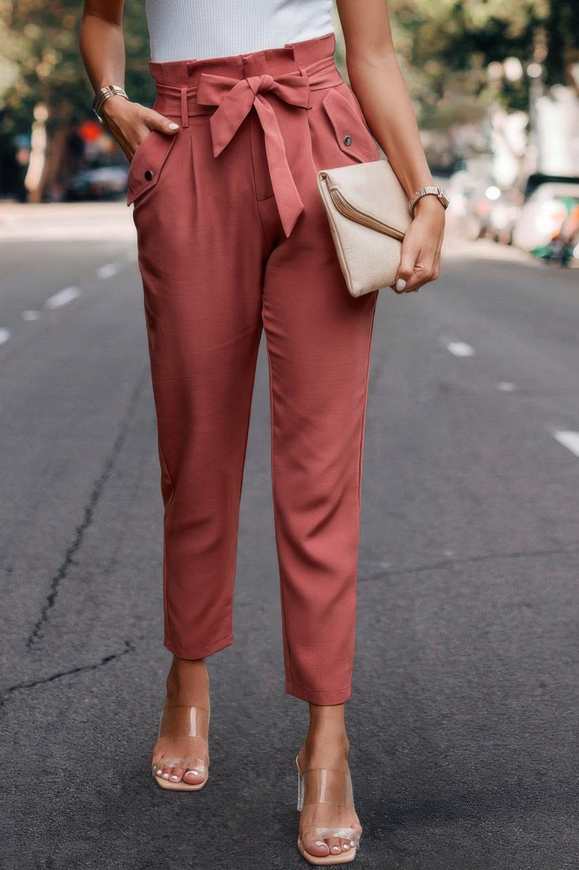 Ruffle Belt Pocket Solid Skinny Pants - Pikemla