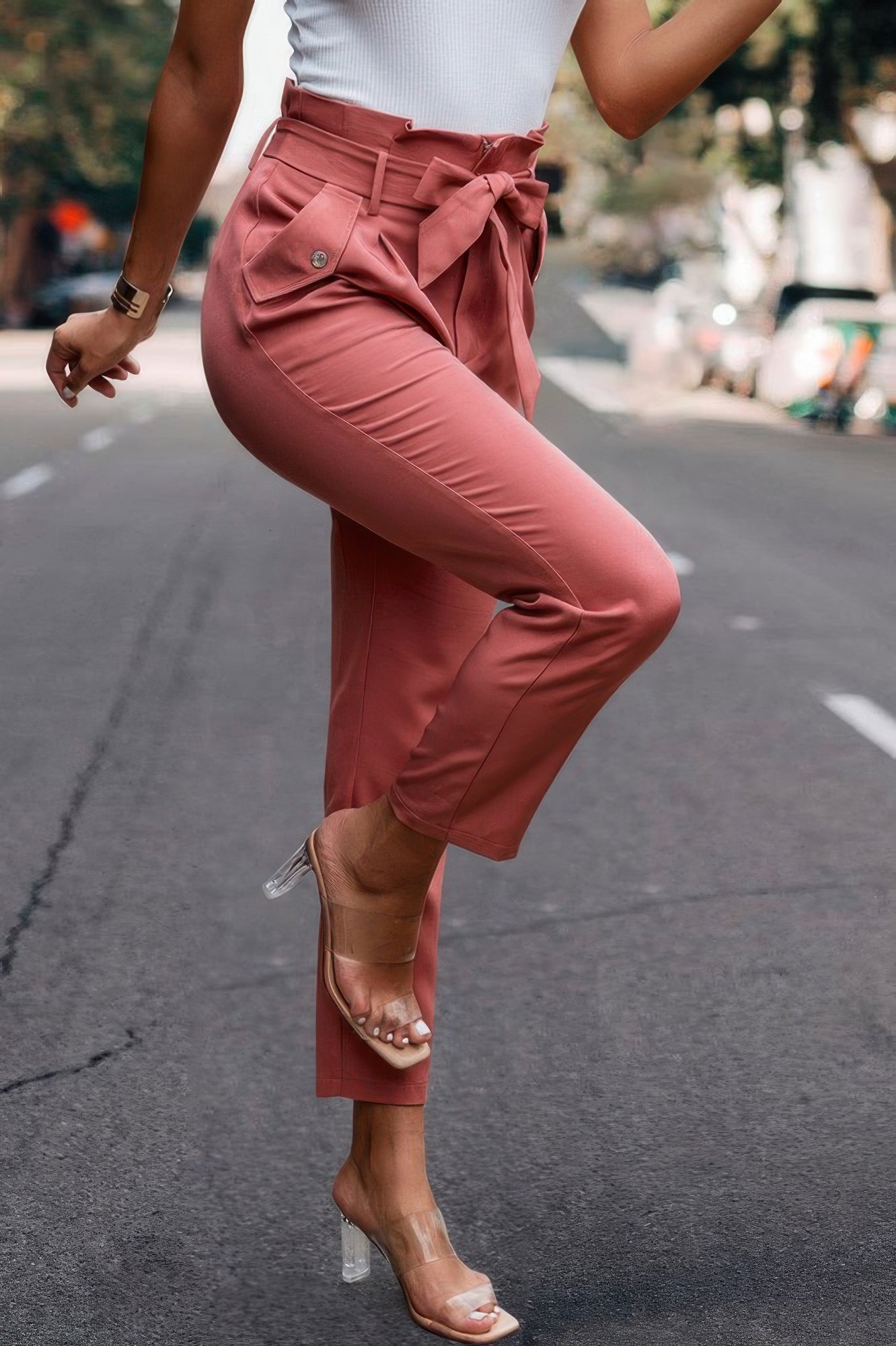 Ruffle Belt Pocket Solid Skinny Pants - Pikemla