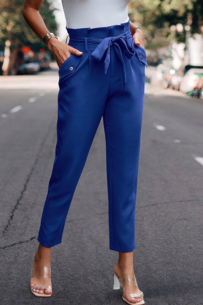 Ruffle Belt Pocket Solid Skinny Pants - Pikemla