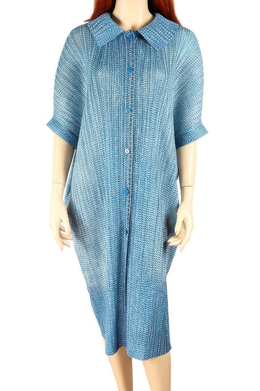 Pleated Lapel Button-up Blue Midi Shirtdress - Pikemla