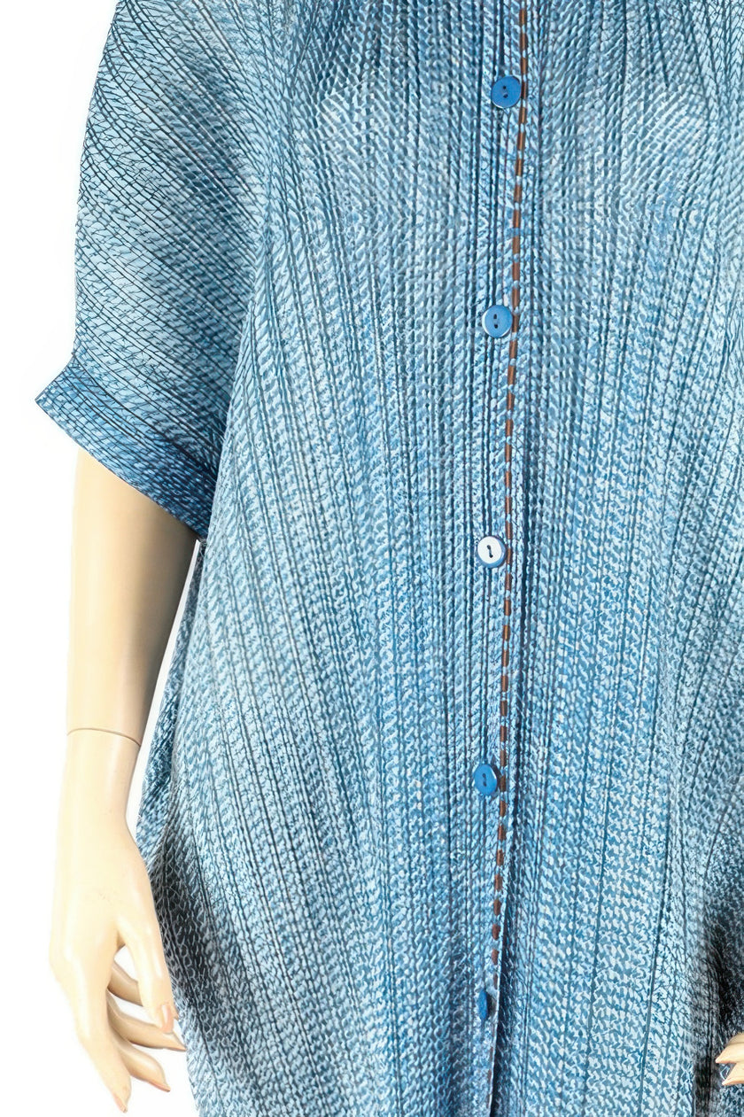 Pleated Lapel Button-up Blue Midi Shirtdress - Pikemla