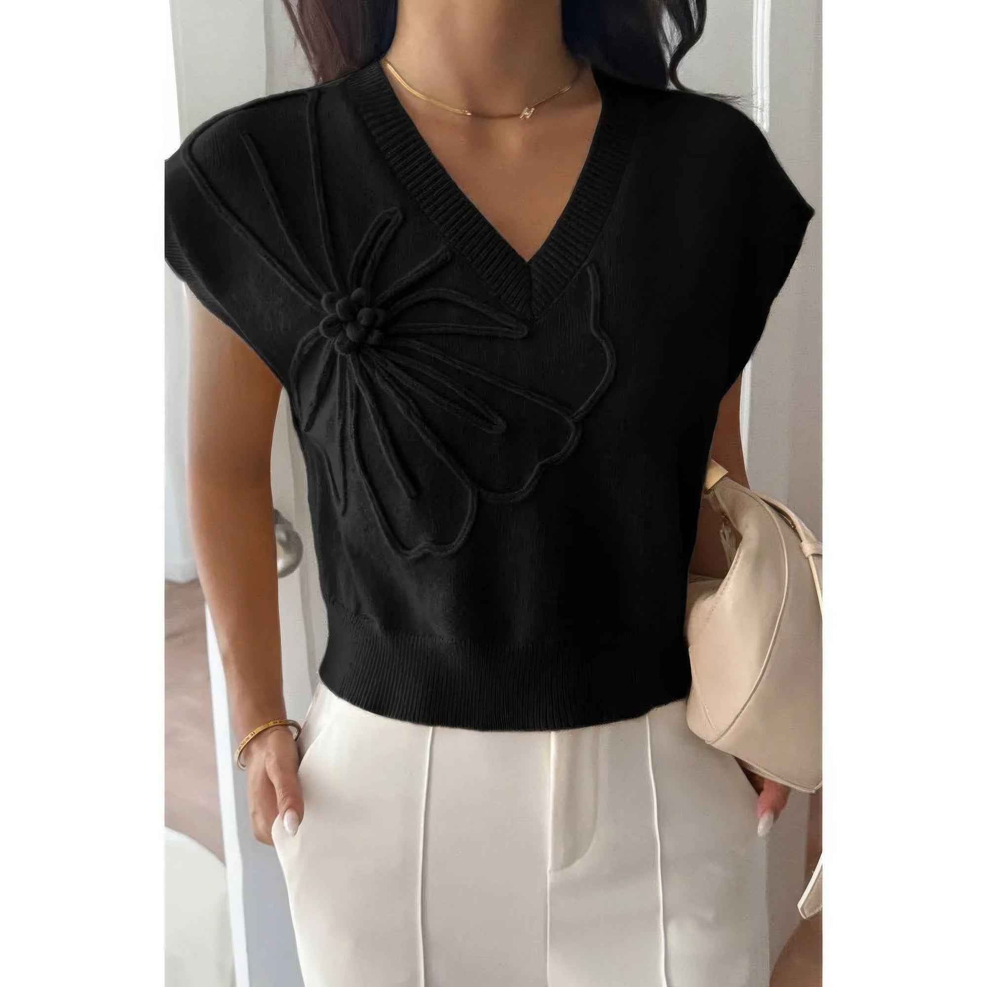 Solid V Neck Sleeveless Knit Loose Vest