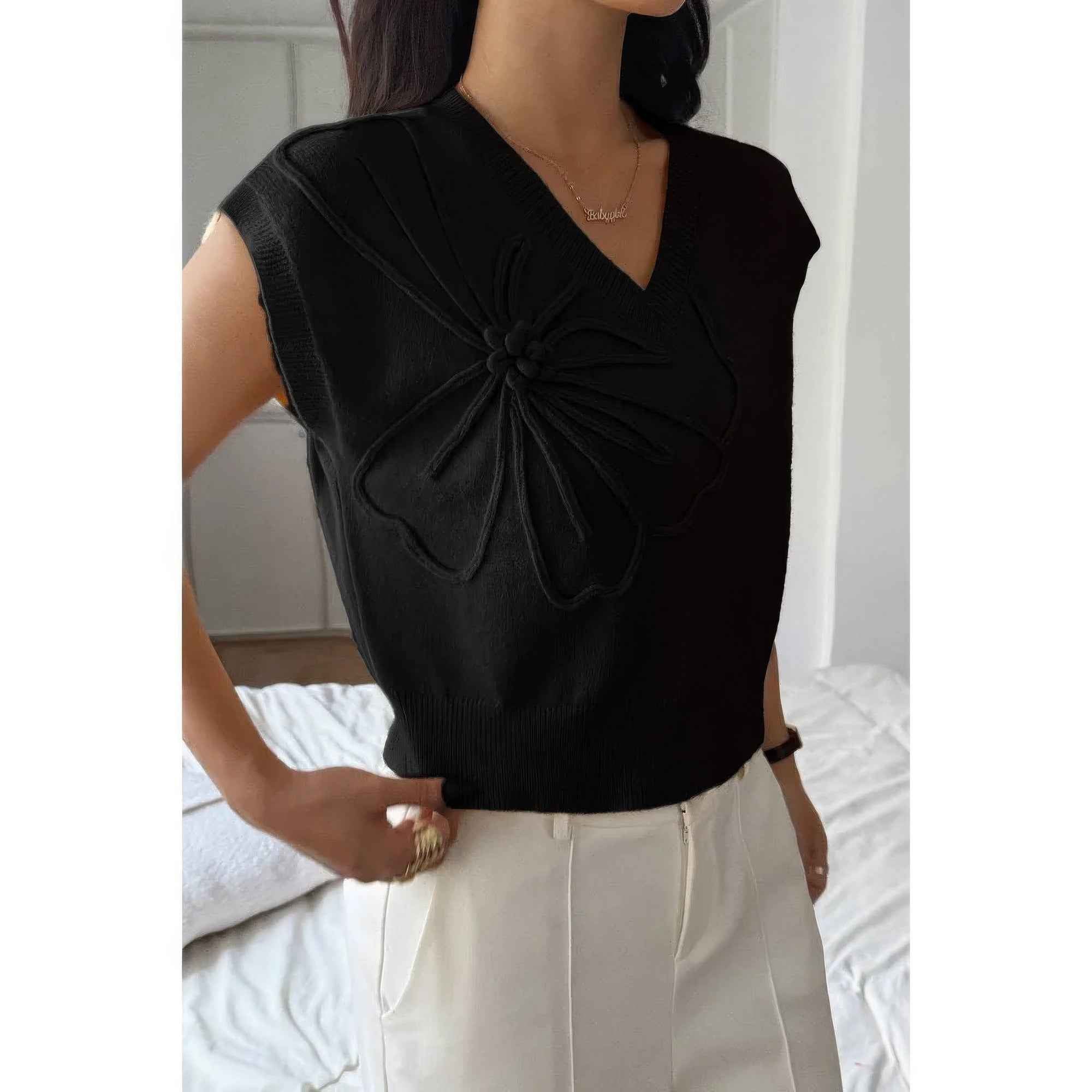 Solid V Neck Sleeveless Knit Loose Vest