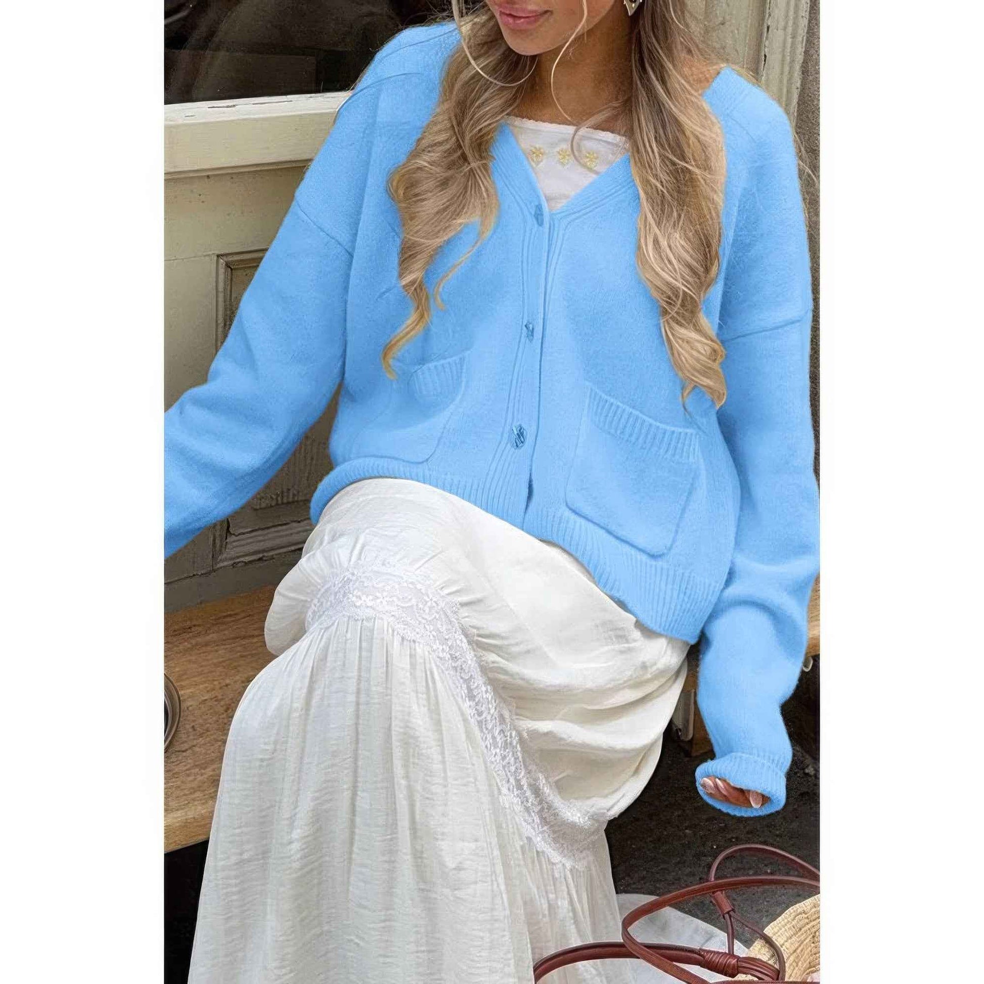 Solid Knit Button Down Pocket Loose Sweater