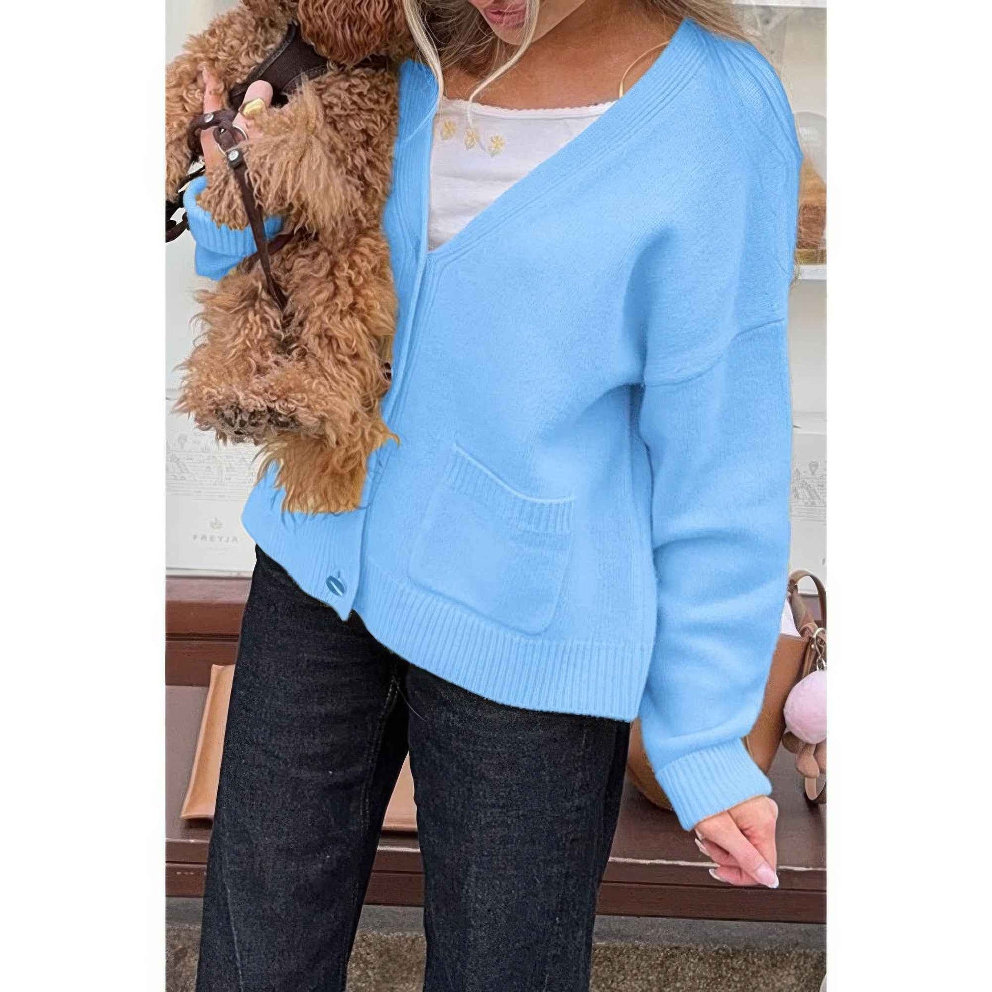 Solid Knit Button Down Pocket Loose Sweater