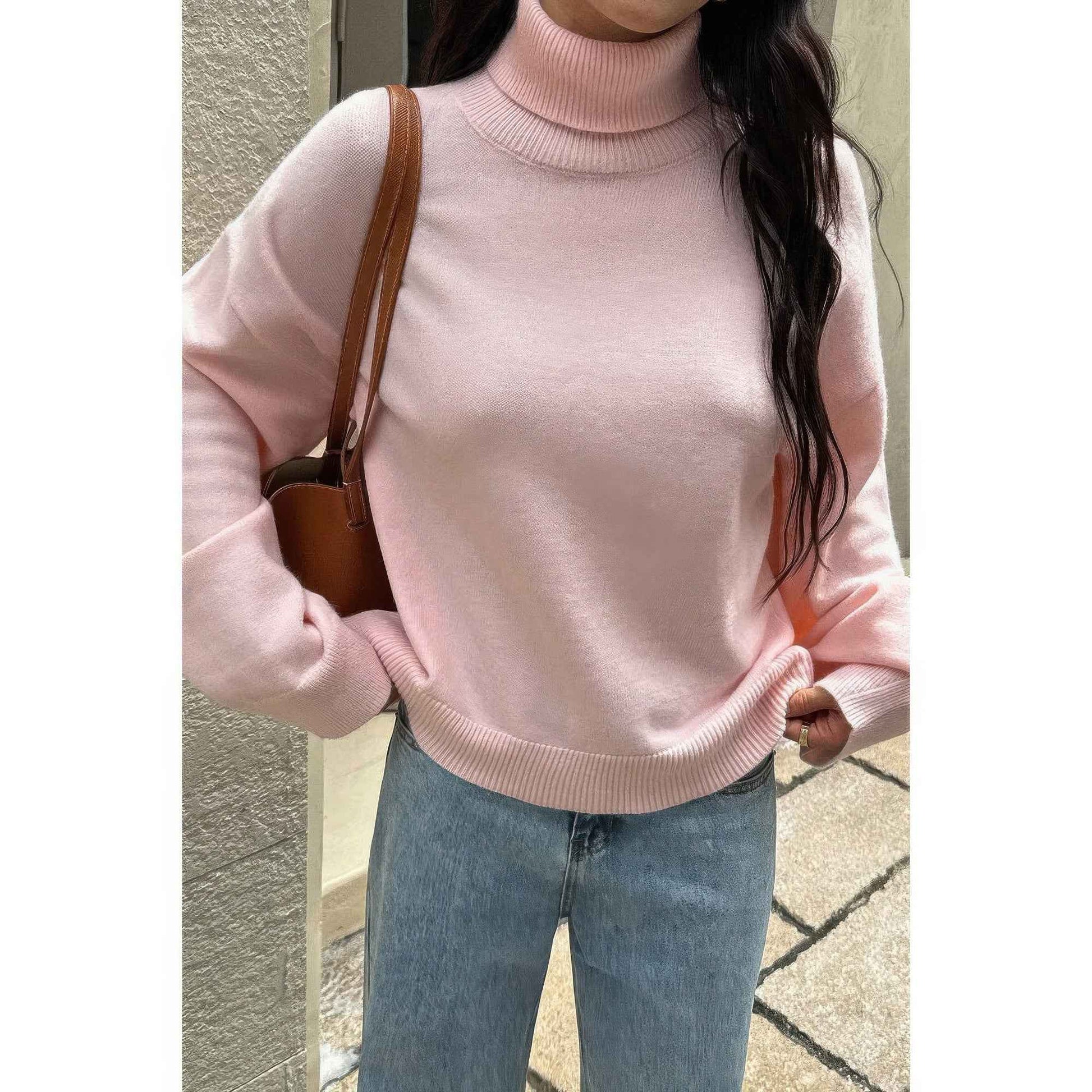 Solid Knit High Neck Drop Shoulder Sweater