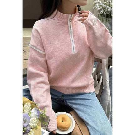 Zip Up V Neck Lapel Collar Loose Sweatshirt