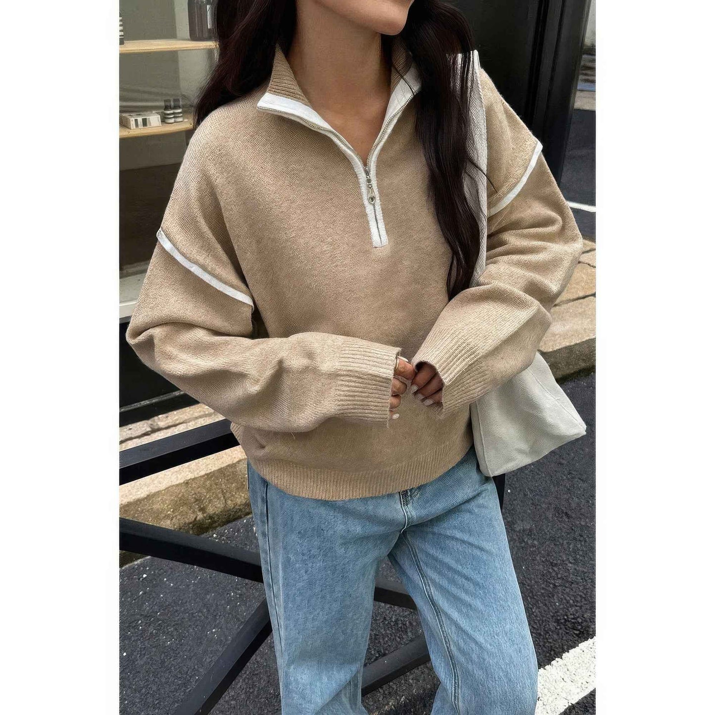 Zip Up V Neck Lapel Collar Loose Sweatshirt