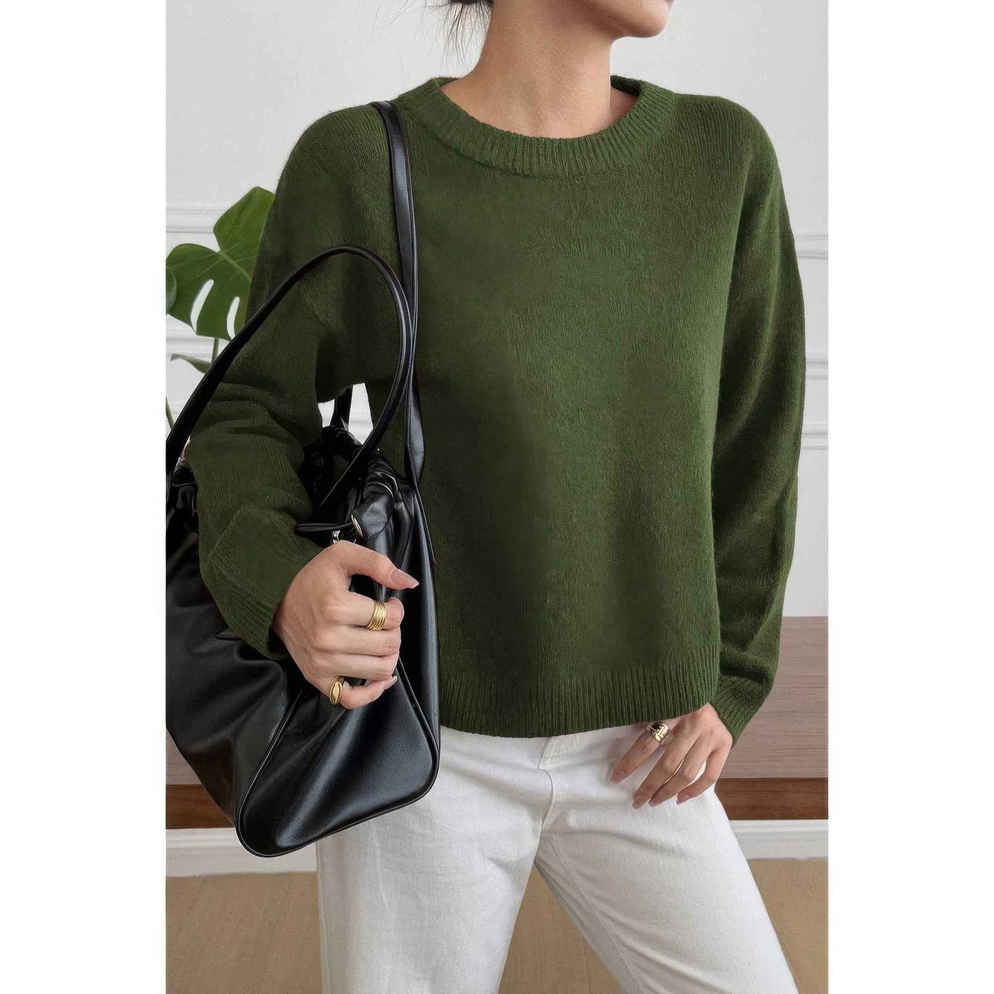 Solid Round Neck Long Sleeve Drop Shoulder Sweater