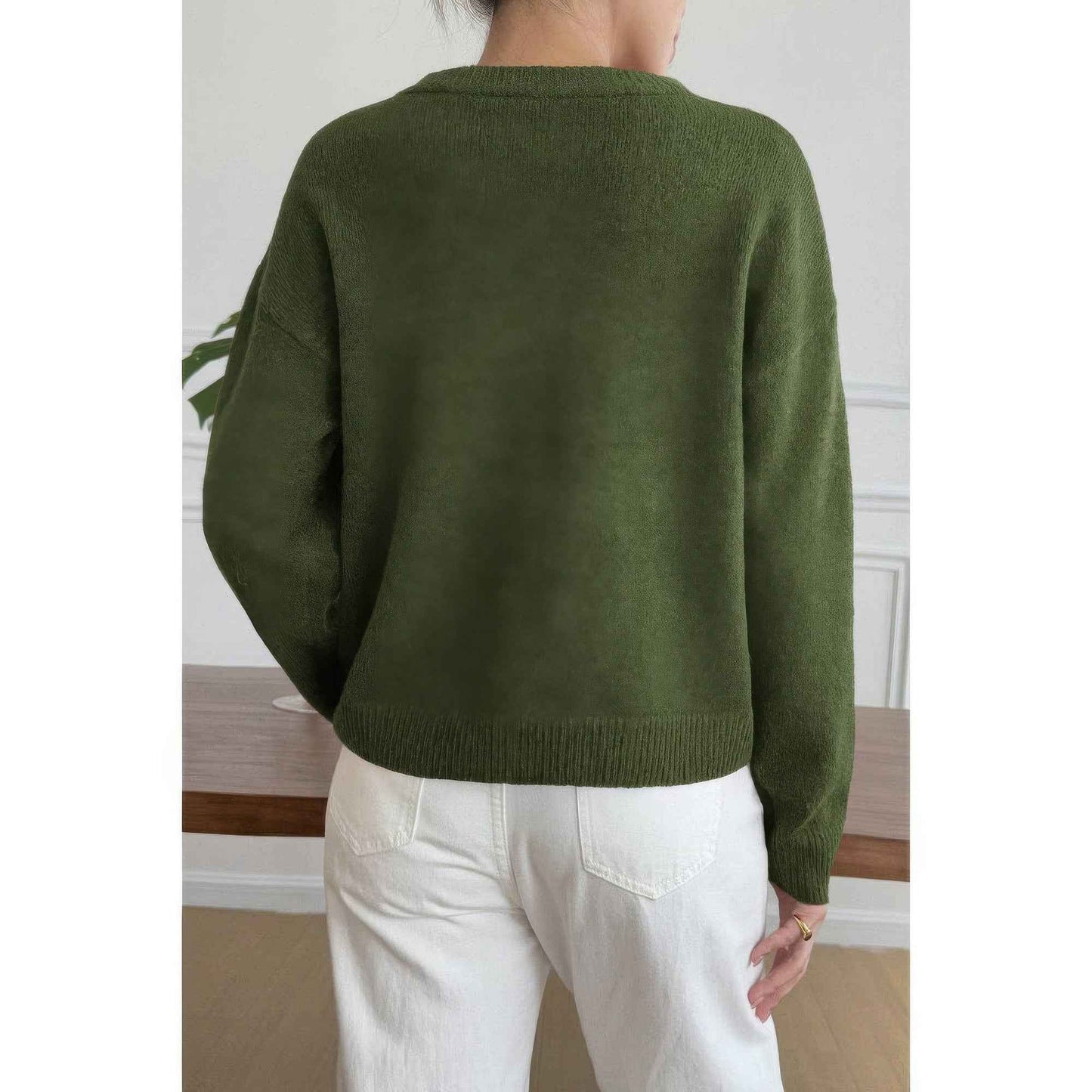 Solid Round Neck Long Sleeve Drop Shoulder Sweater