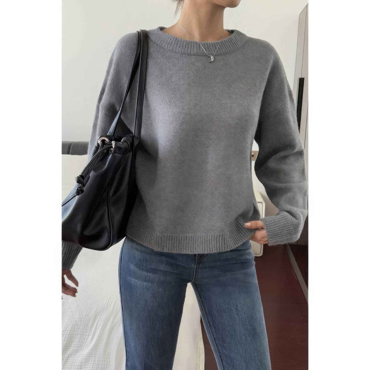 Solid Round Neck Long Sleeve Drop Shoulder Sweater