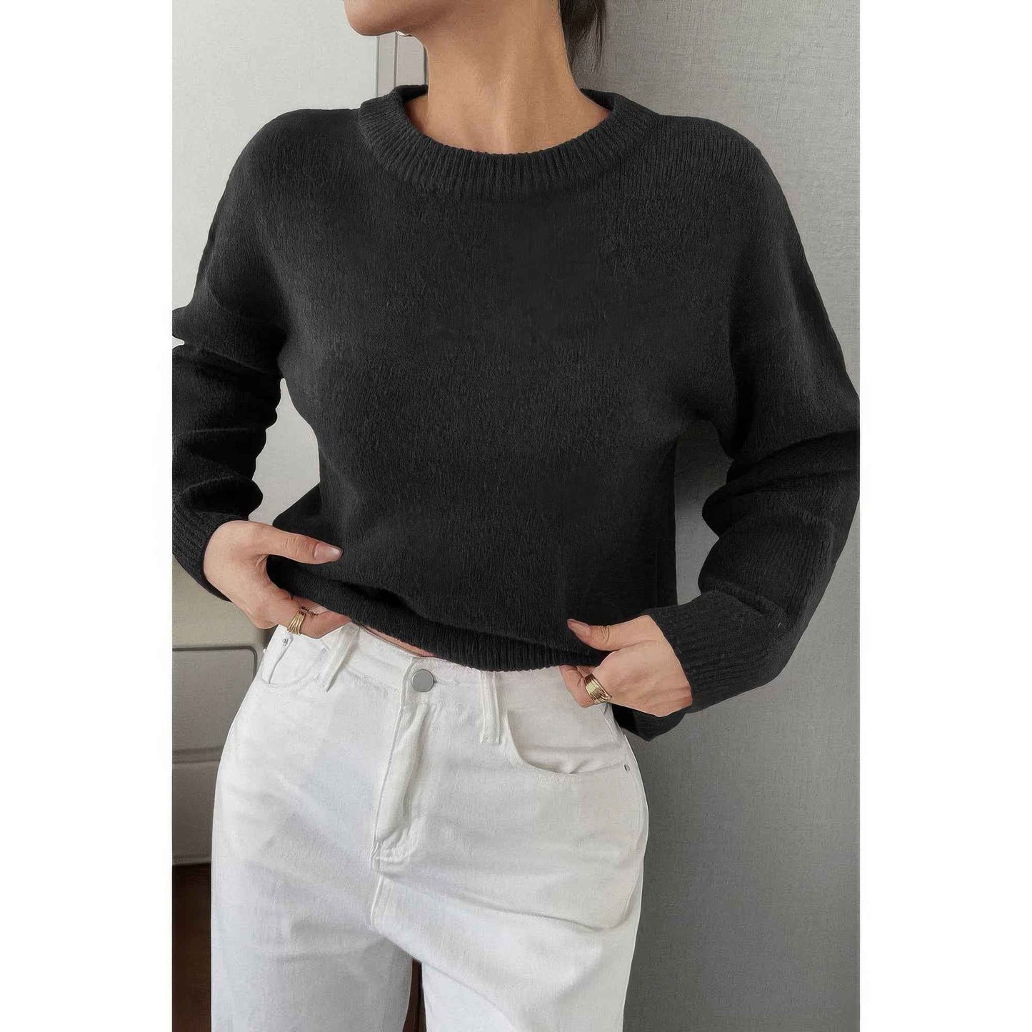 Solid Round Neck Long Sleeve Drop Shoulder Sweater