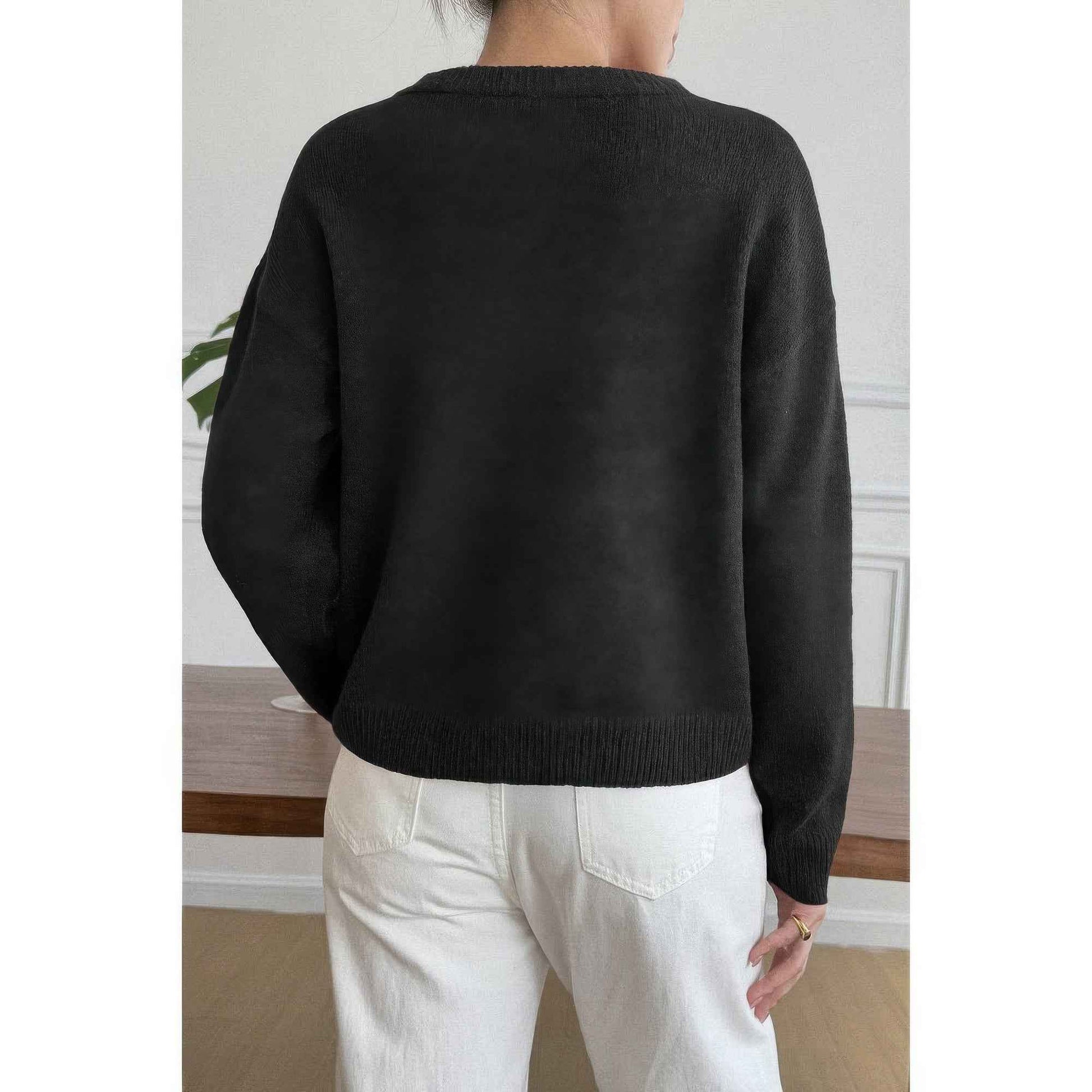 Solid Round Neck Long Sleeve Drop Shoulder Sweater