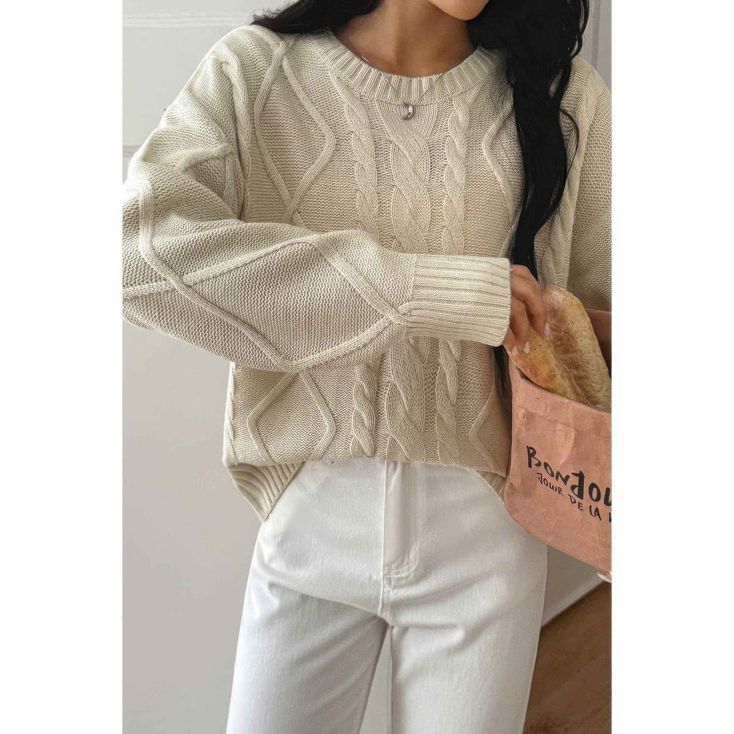 Solid Knit Crewneck Long Sleeve Loose Sweater