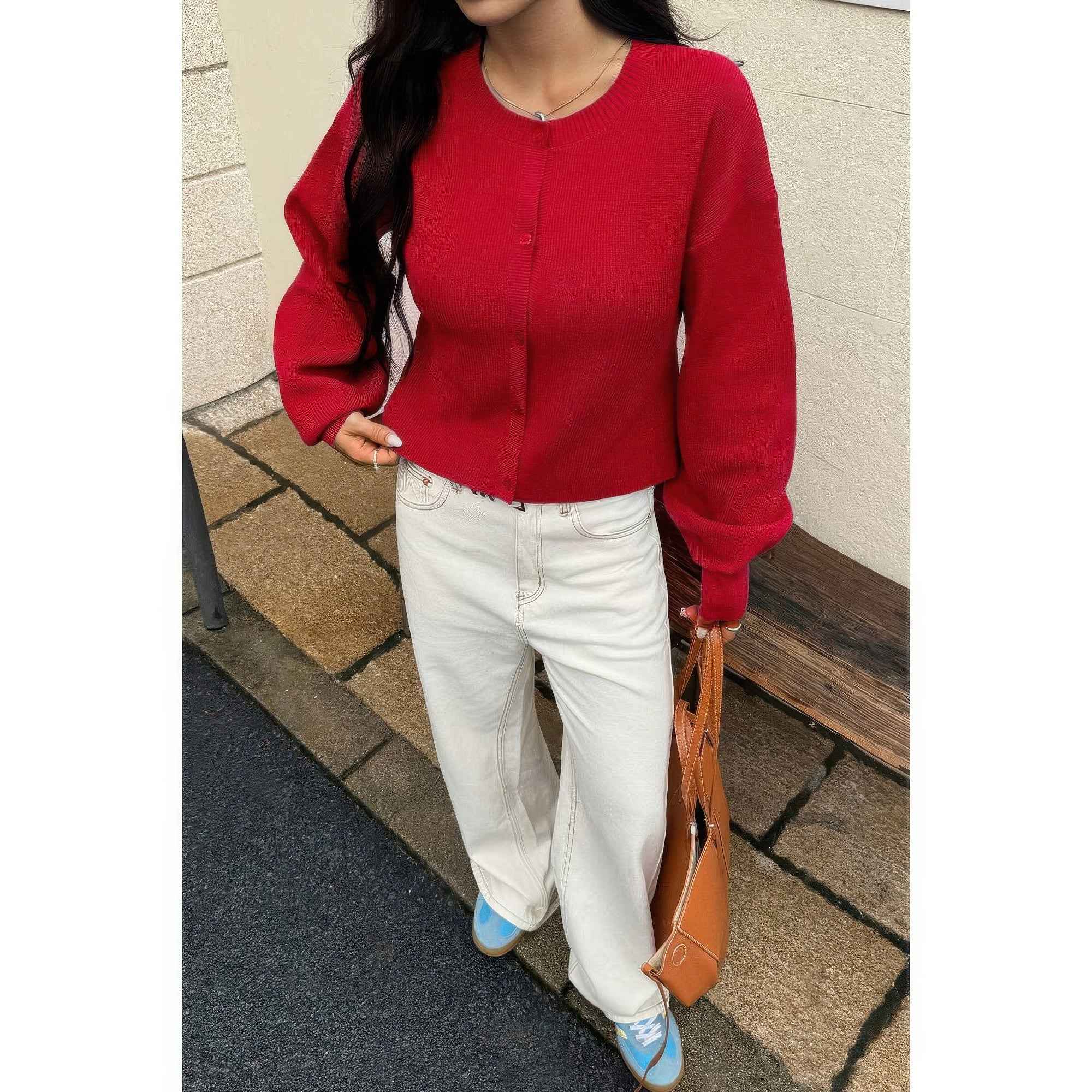 Knit Solid Round Neck Button Down Cardigan