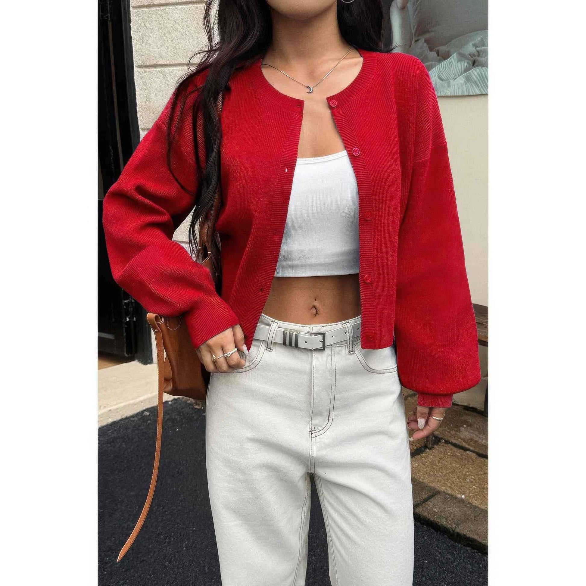 Knit Solid Round Neck Button Down Cardigan