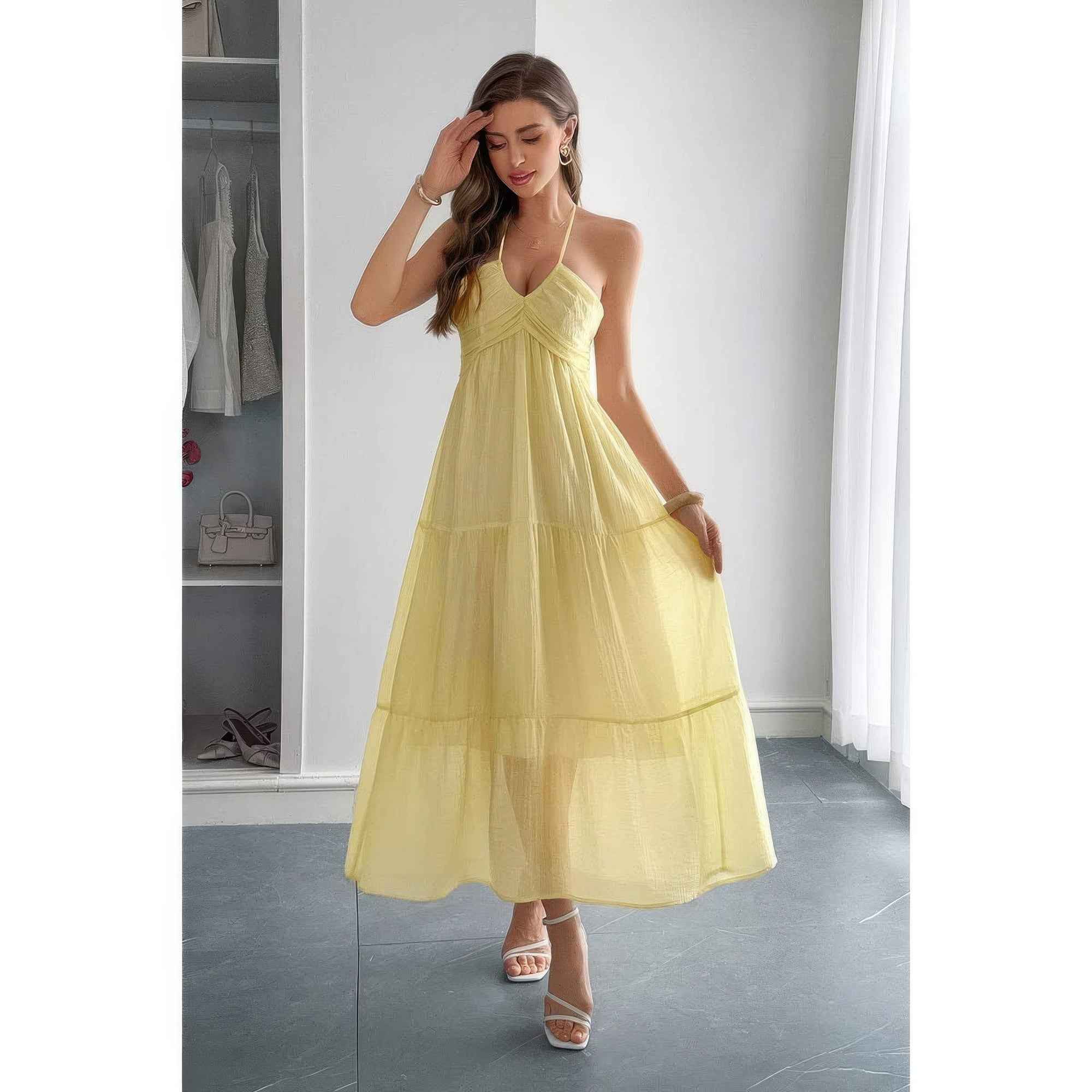 Solid Halter Muse Tiered Ruffle Long Dress