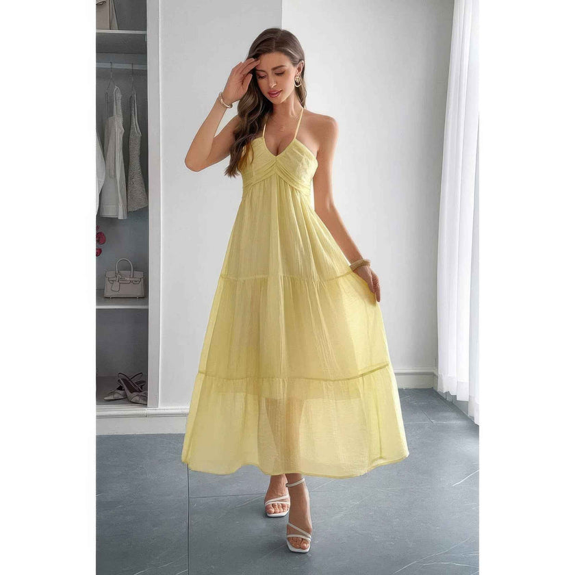 Solid Halter Muse Tiered Ruffle Long Dress