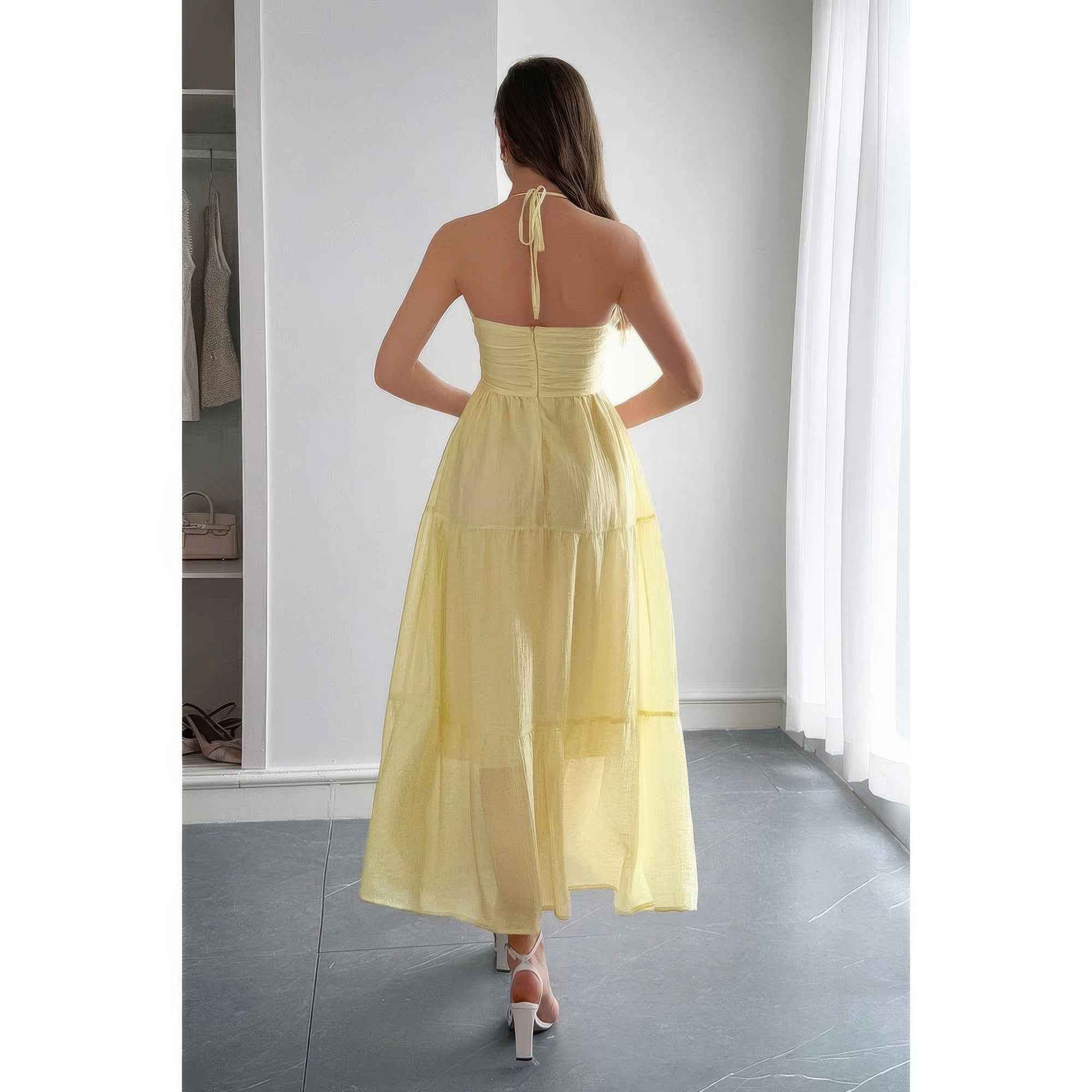 Solid Halter Muse Tiered Ruffle Long Dress