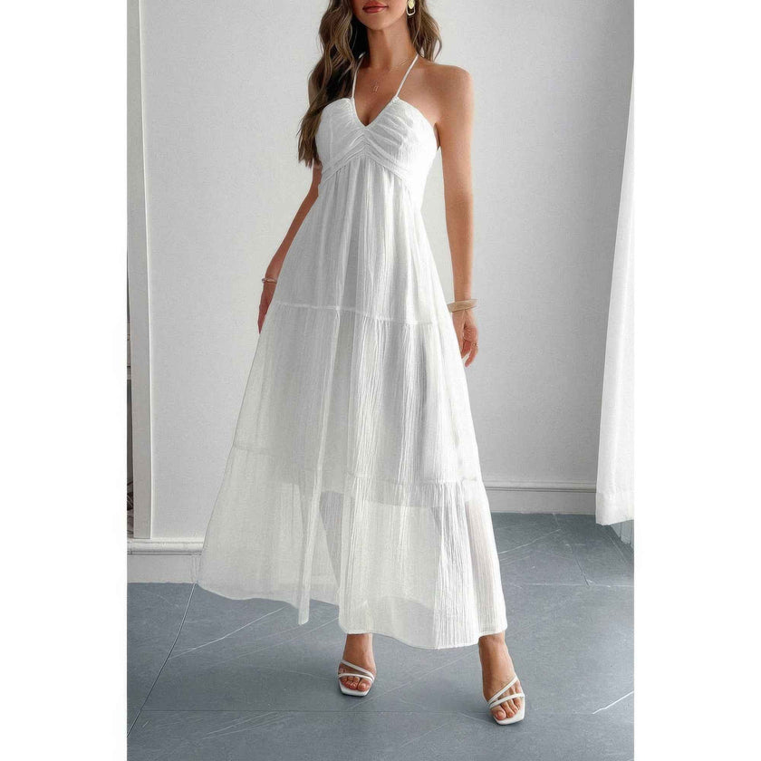 Solid Halter Muse Tiered Ruffle Long Dress