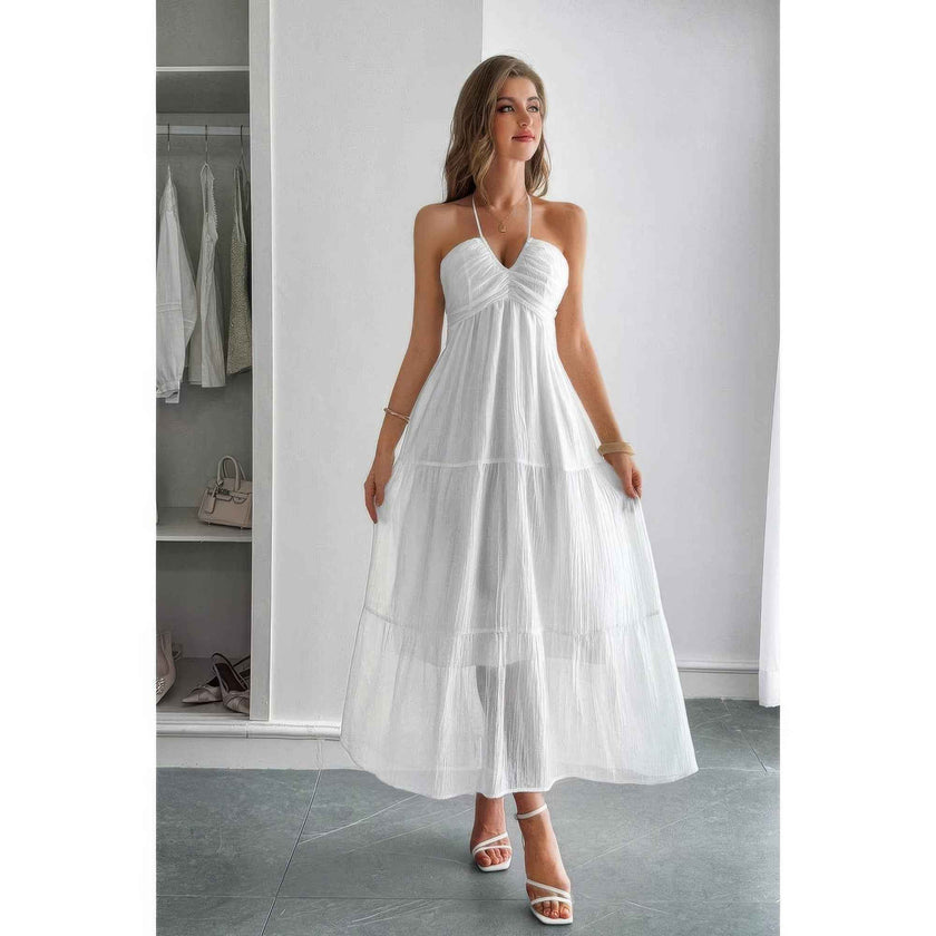Solid Halter Muse Tiered Ruffle Long Dress