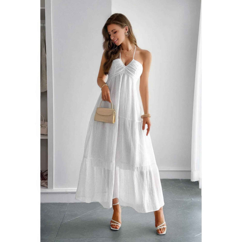 Solid Halter Muse Tiered Ruffle Long Dress