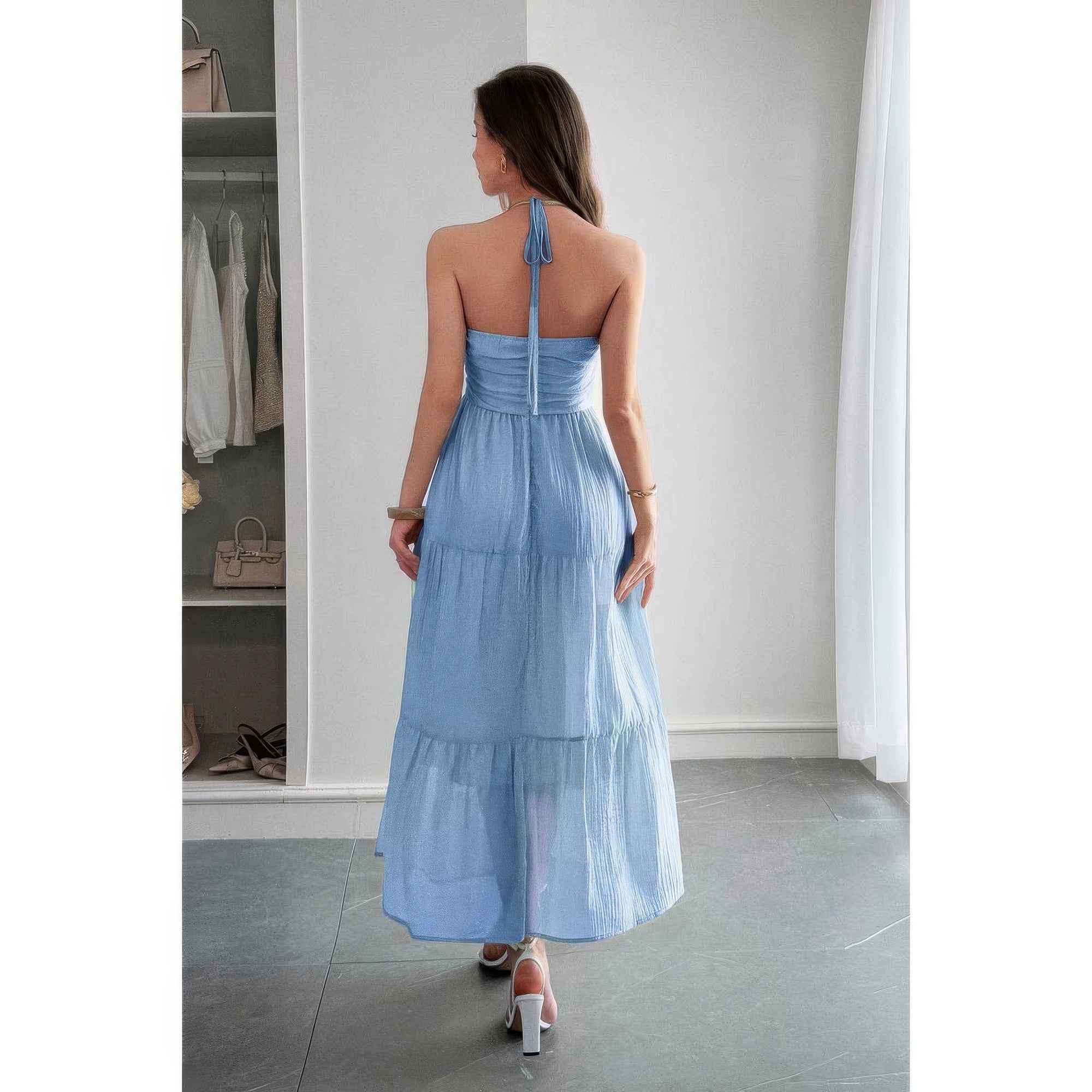 Solid Halter Muse Tiered Ruffle Long Dress