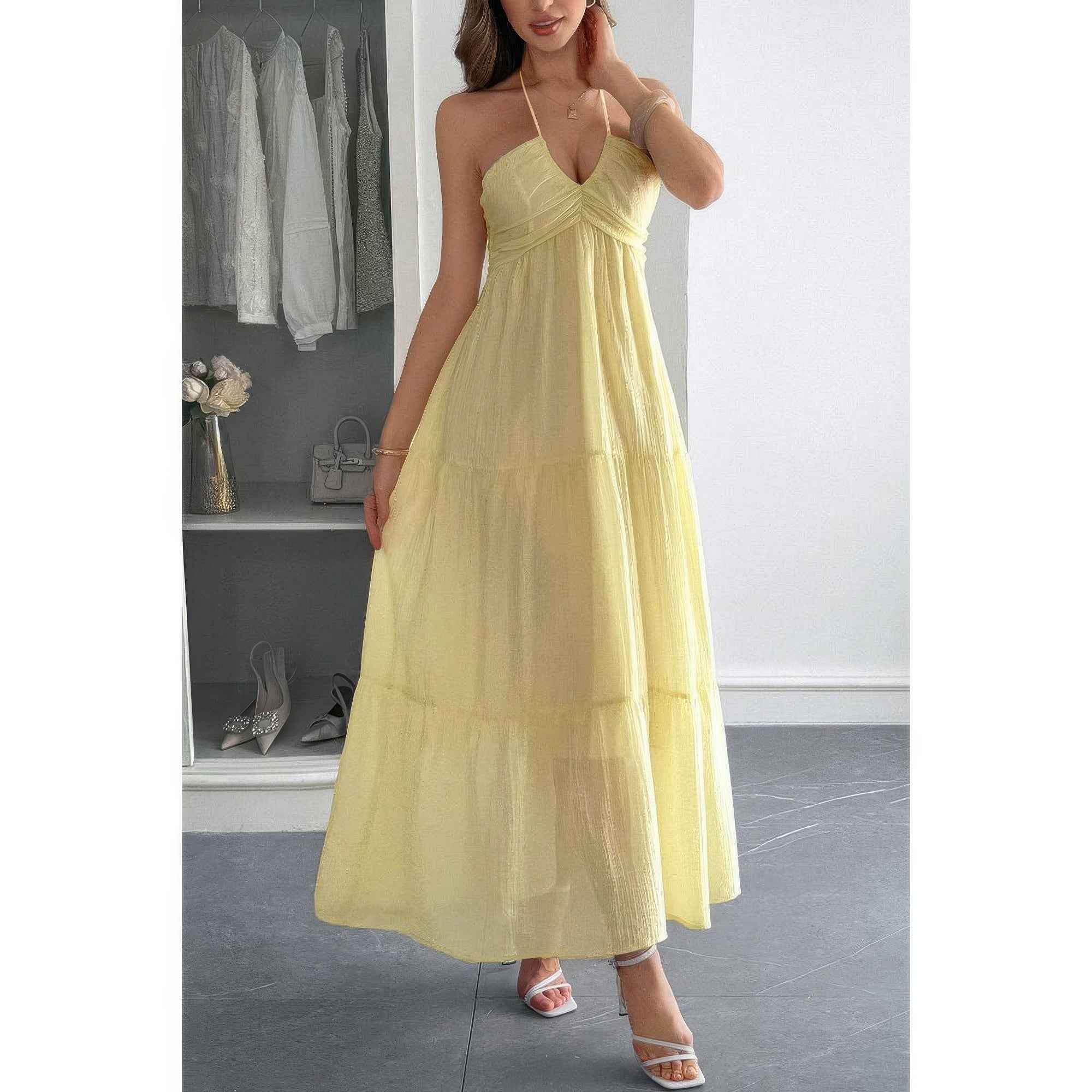 Solid Halter Muse Tiered Ruffle Long Dress