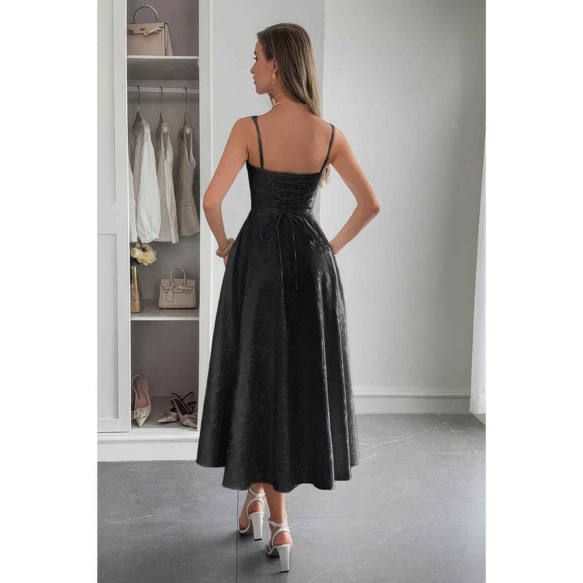 Solid Floral Jacquard Lace High Waist Dress