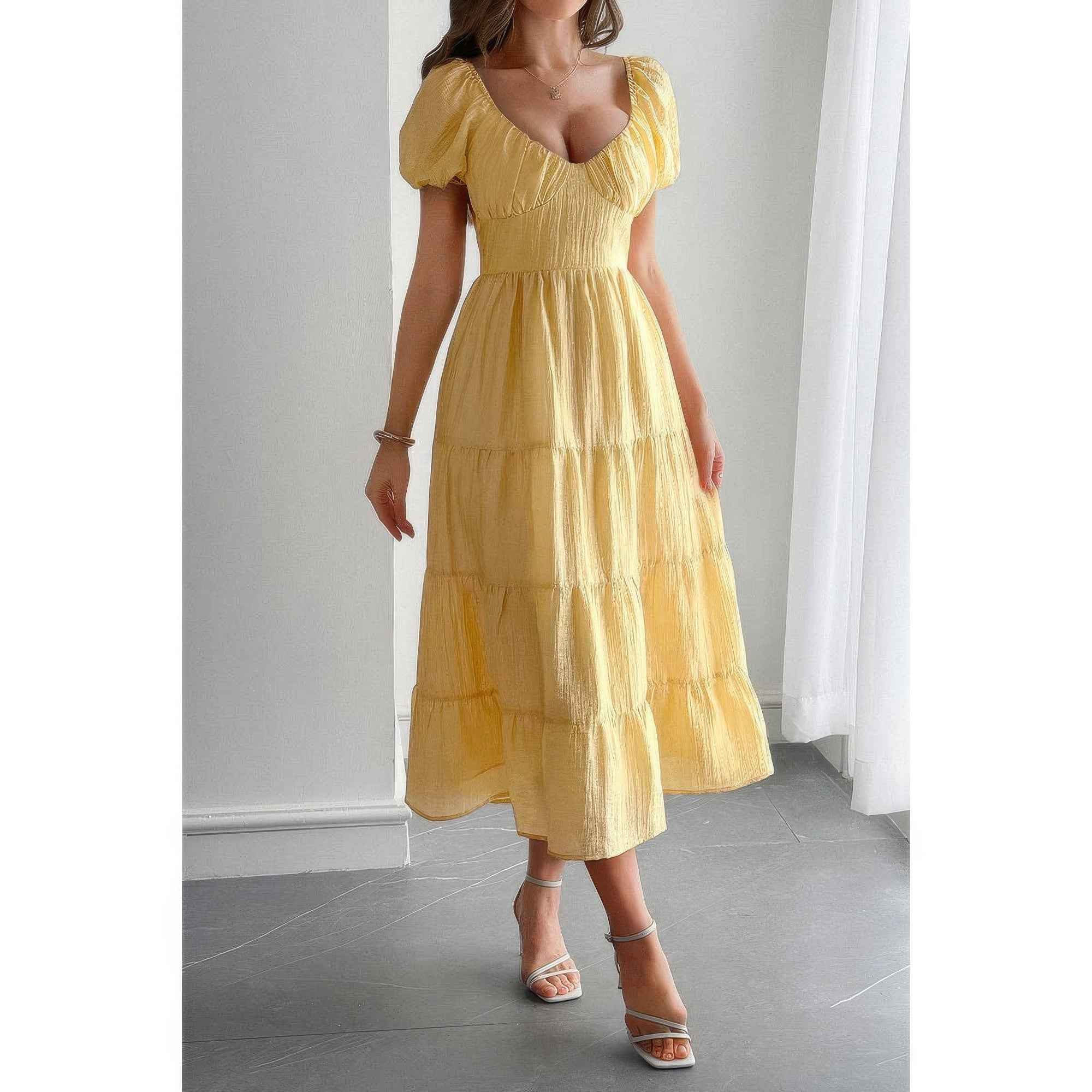 Solid Backless Tiered Puff Sleeve Fit Midi Dress