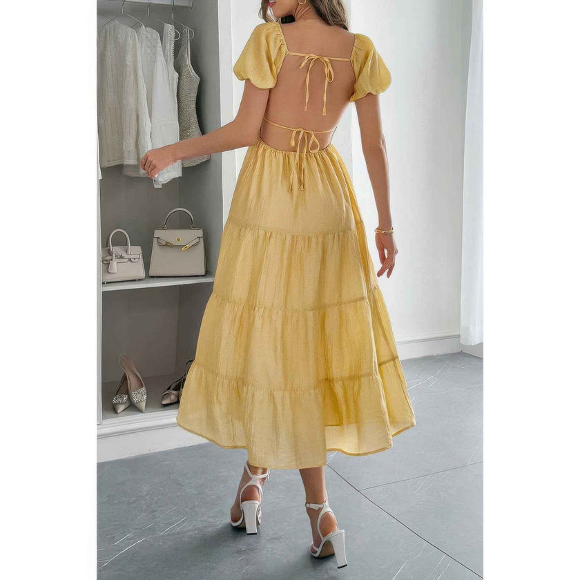 Solid Backless Tiered Puff Sleeve Fit Midi Dress