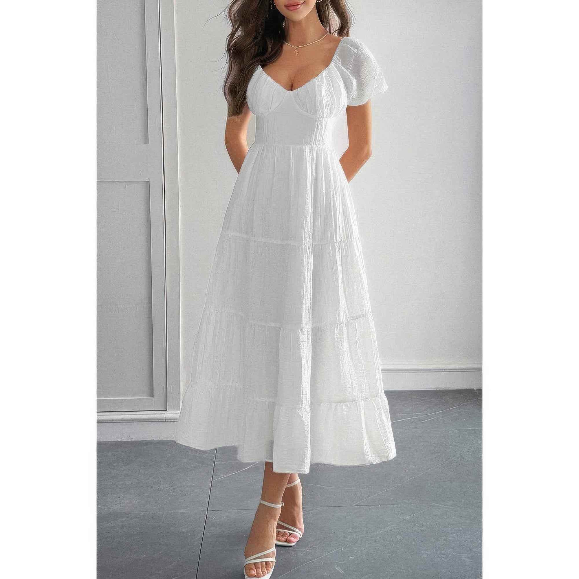 Solid Backless Tiered Puff Sleeve Fit Midi Dress