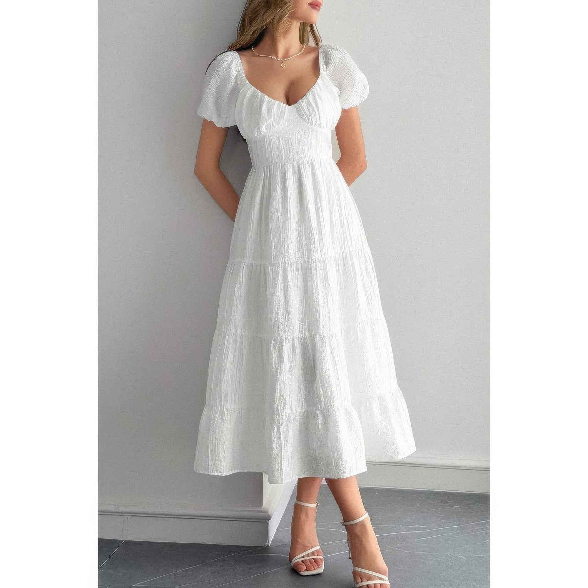 Solid Backless Tiered Puff Sleeve Fit Midi Dress
