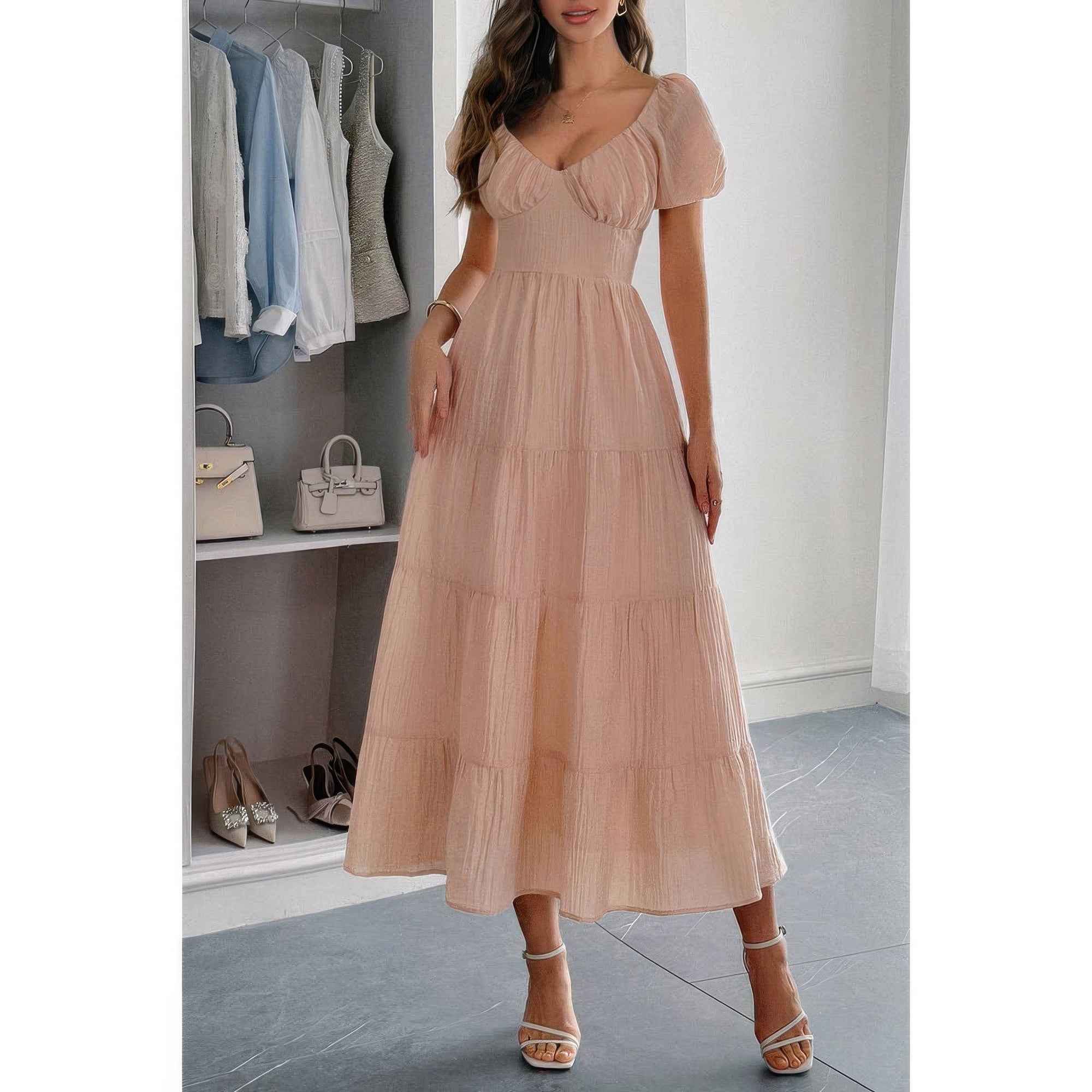 Solid Backless Tiered Puff Sleeve Fit Midi Dress