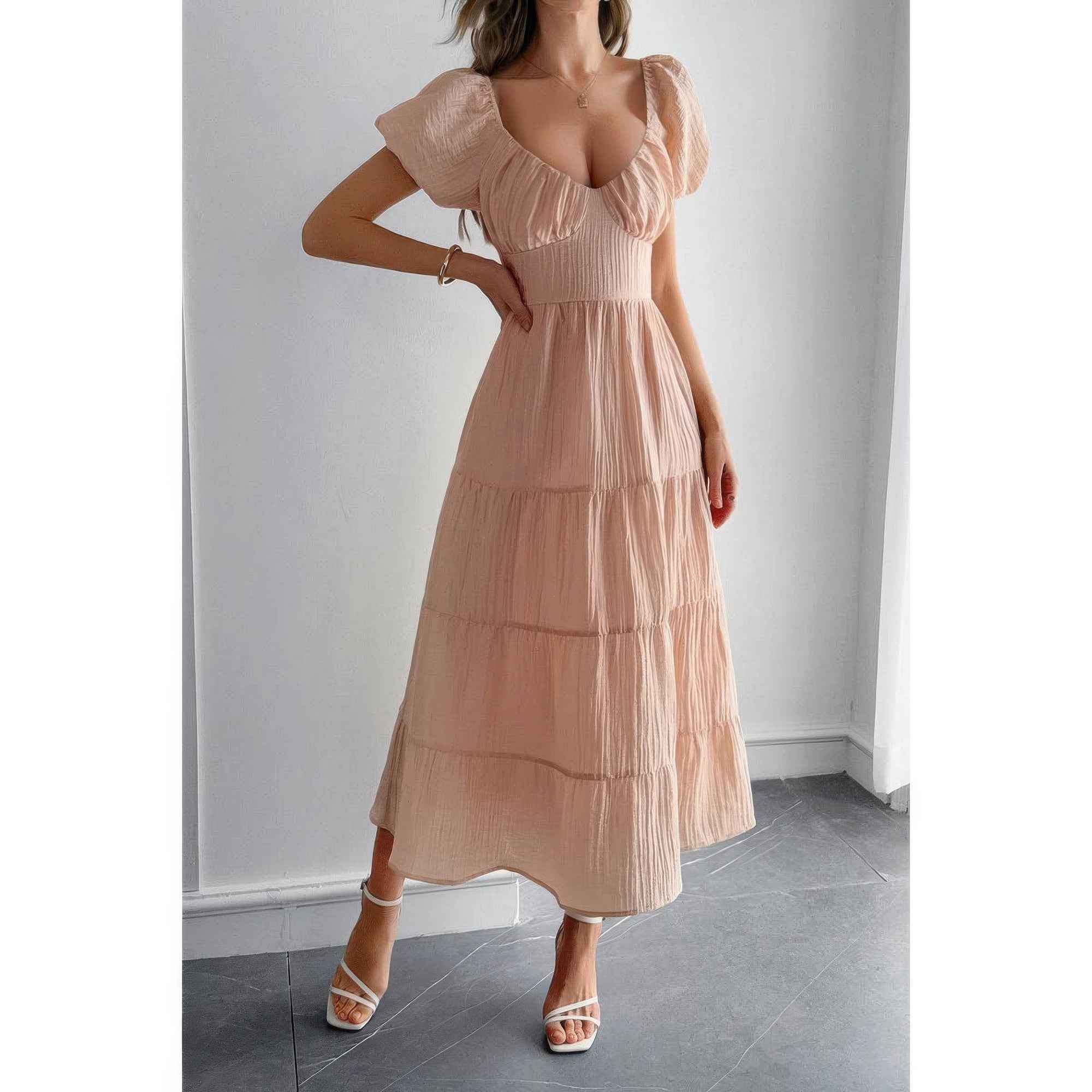 Solid Backless Tiered Puff Sleeve Fit Midi Dress