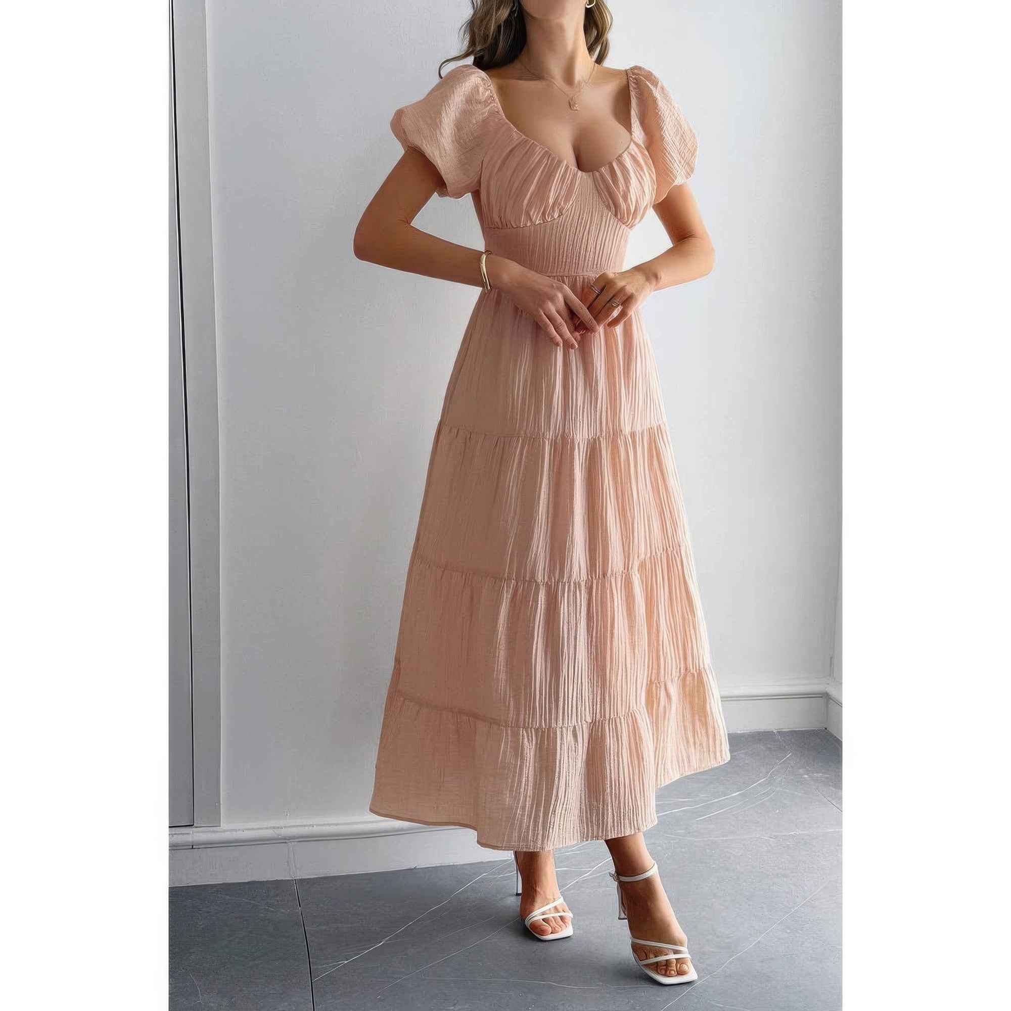 Solid Backless Tiered Puff Sleeve Fit Midi Dress