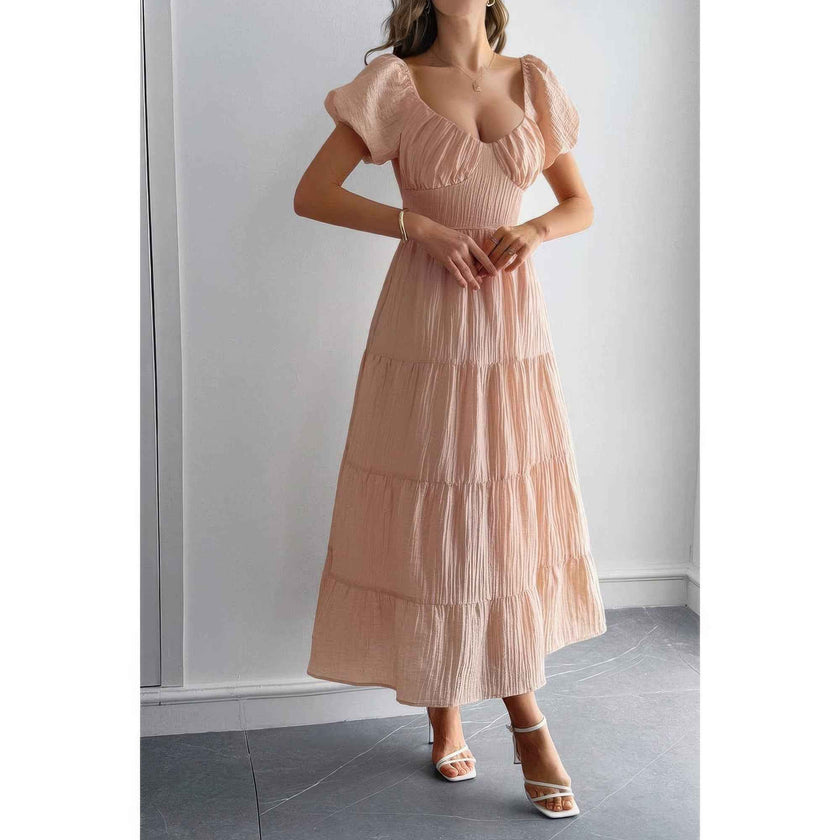 Solid Backless Tiered Puff Sleeve Fit Midi Dress