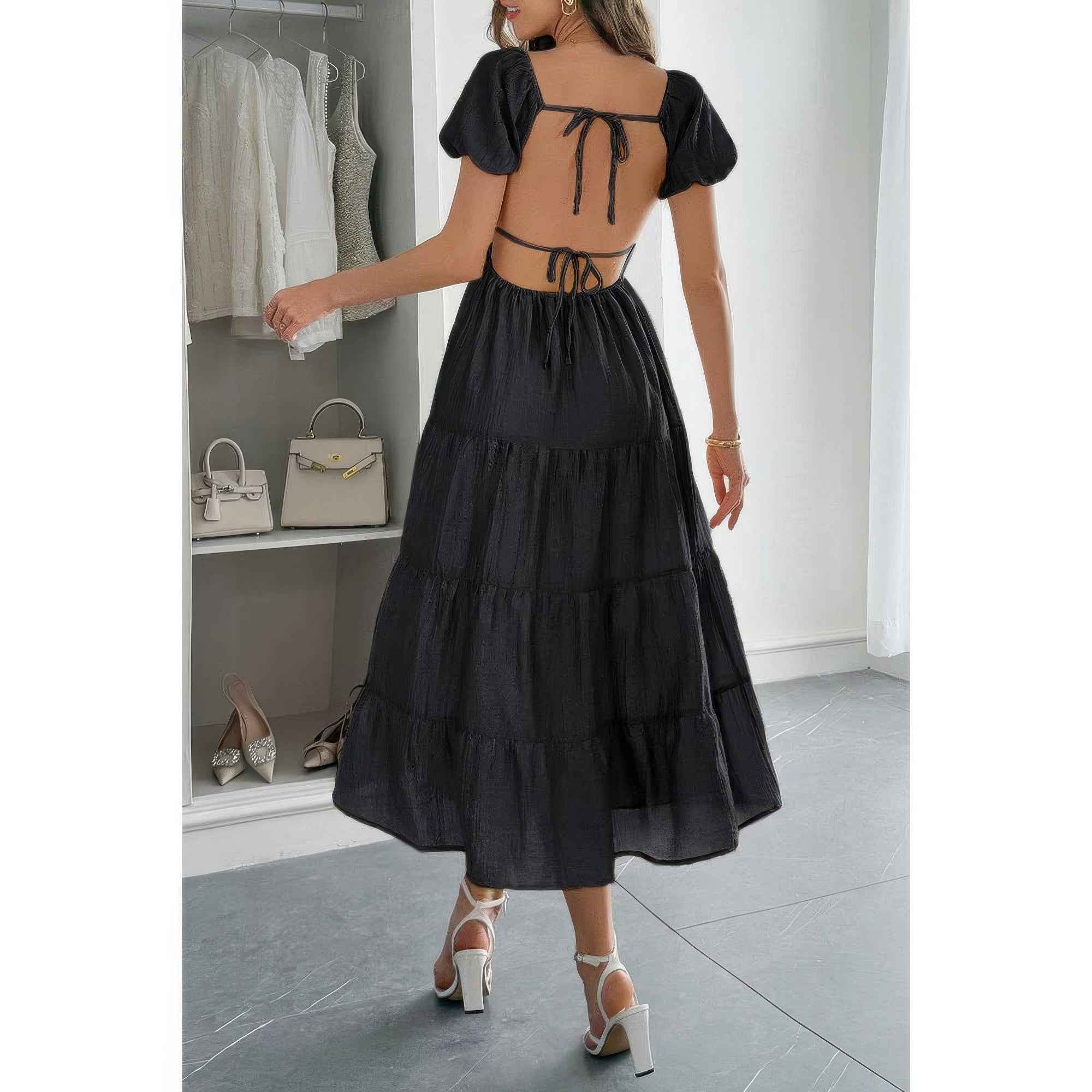 Solid Backless Tiered Puff Sleeve Fit Midi Dress