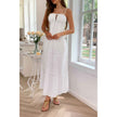 Solid Button Decor Pintuck Eyelet Shirred Dress