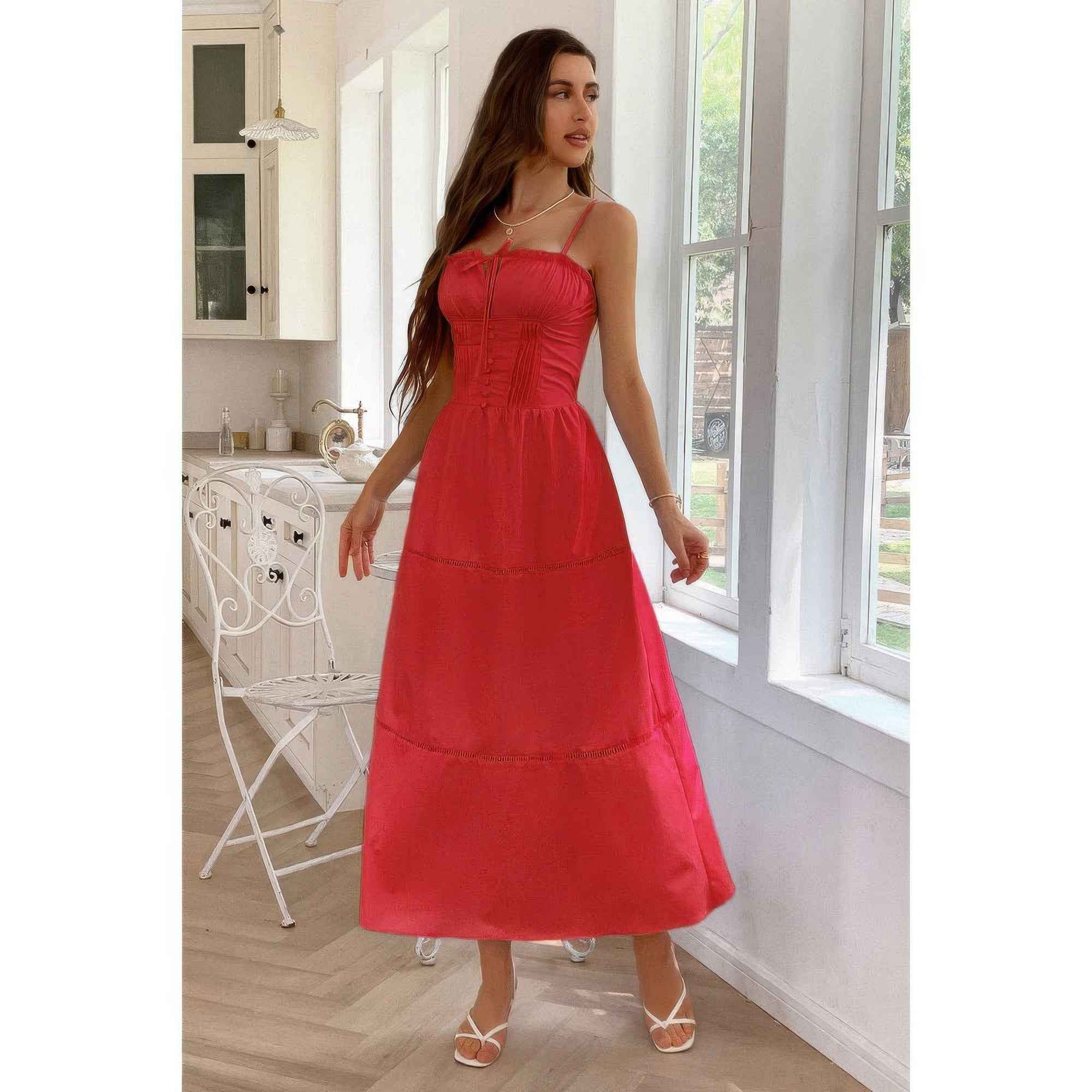 Solid Button Decor Pintuck Eyelet Shirred Dress