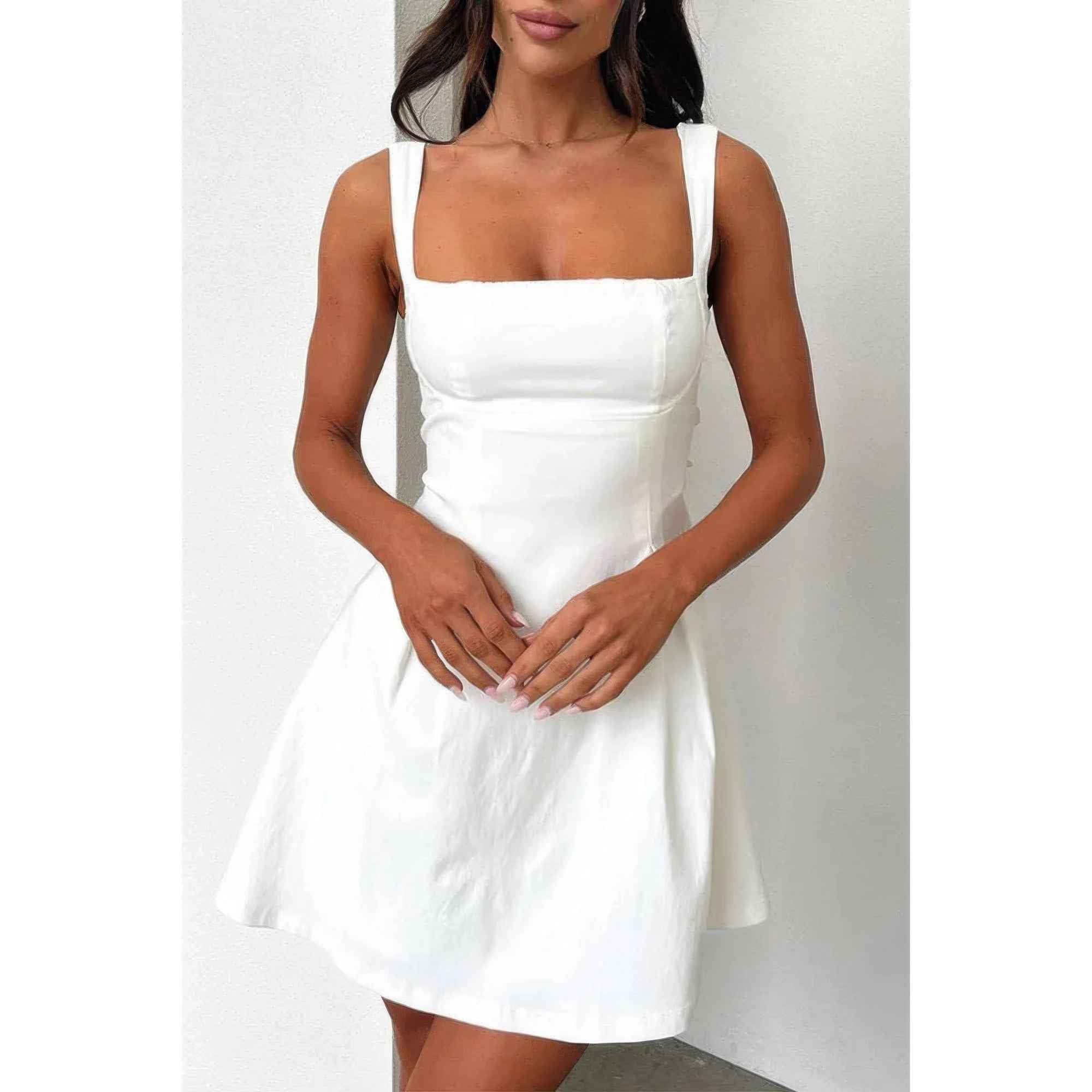 Solid Square Neck Fit Sleeveless Short Dress