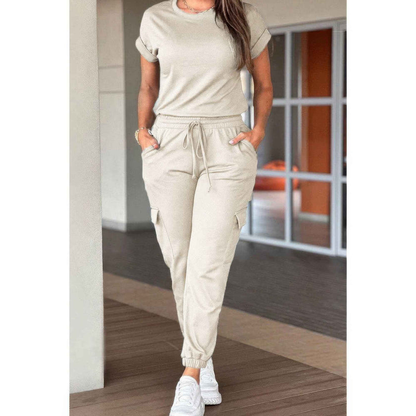 One Piece Solid Round Neck Shirt Drawstring Jumpsuit