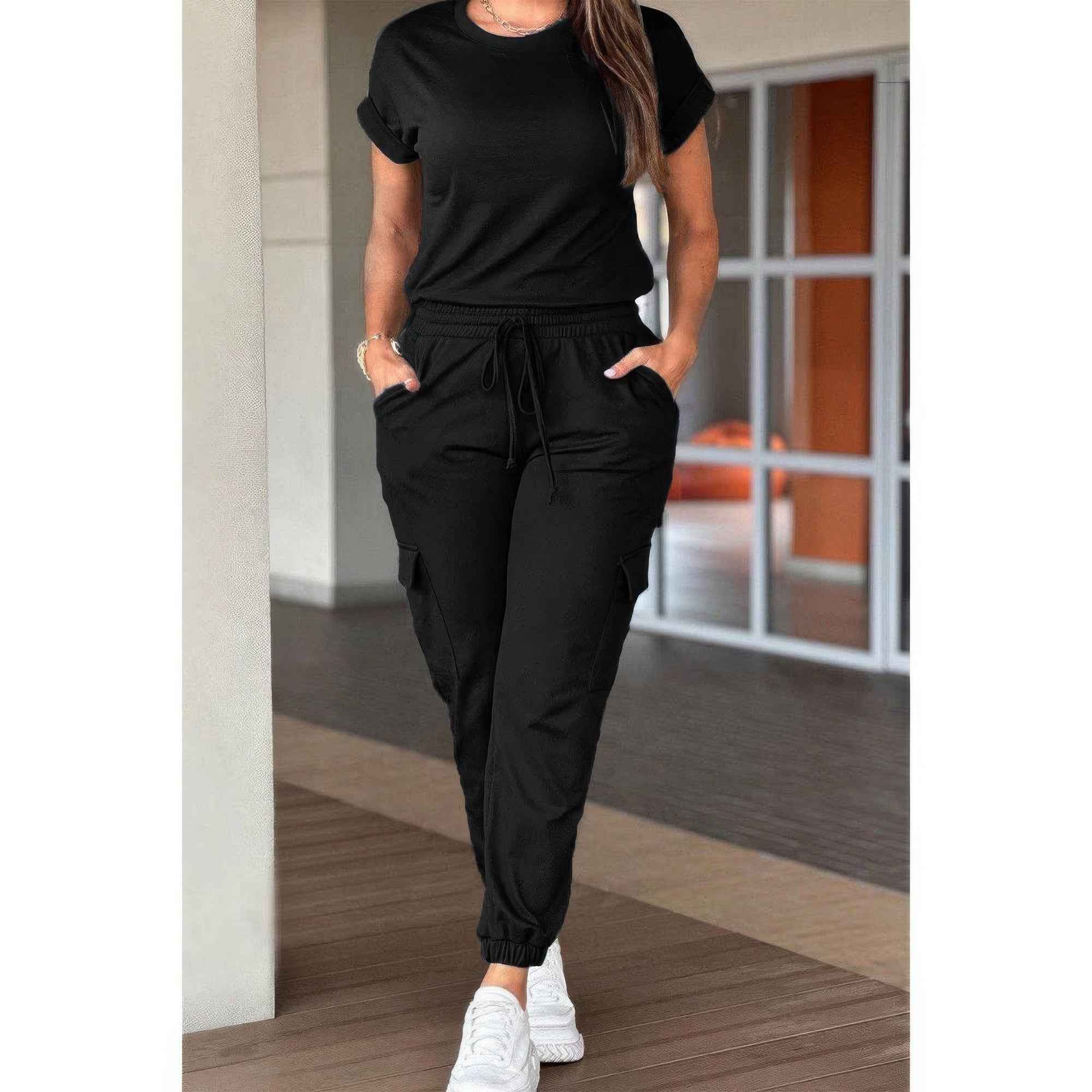 One Piece Solid Round Neck Shirt Drawstring Jumpsuit