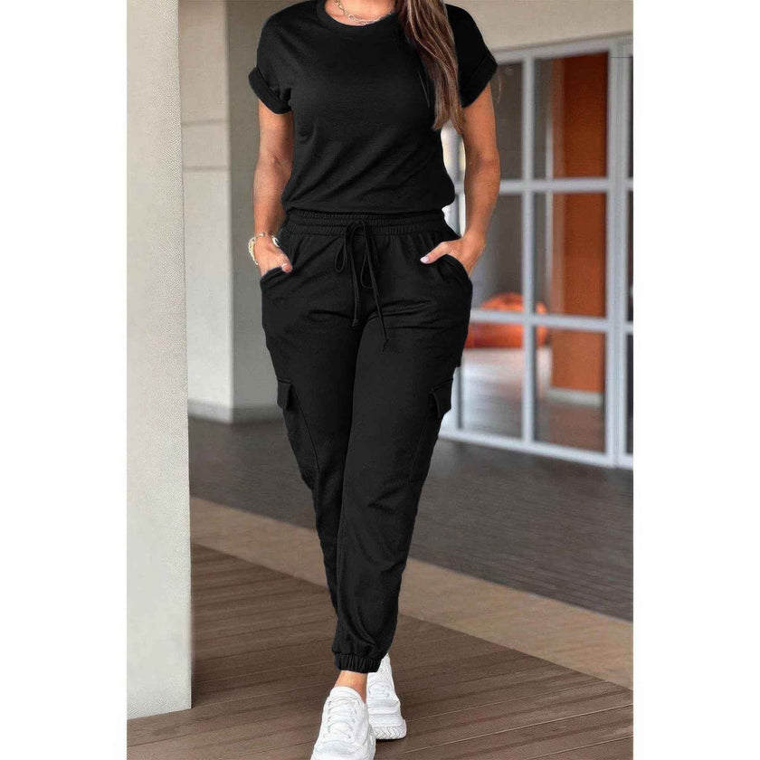 One Piece Solid Round Neck Shirt Drawstring Jumpsuit